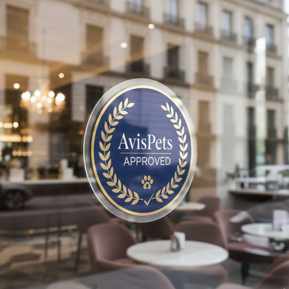 Sticker sur une vitre avec le texte 'AvisPets Approved', entouré d'une couronne de feuilles dorées, avec une petite empreinte de patte en dessous.