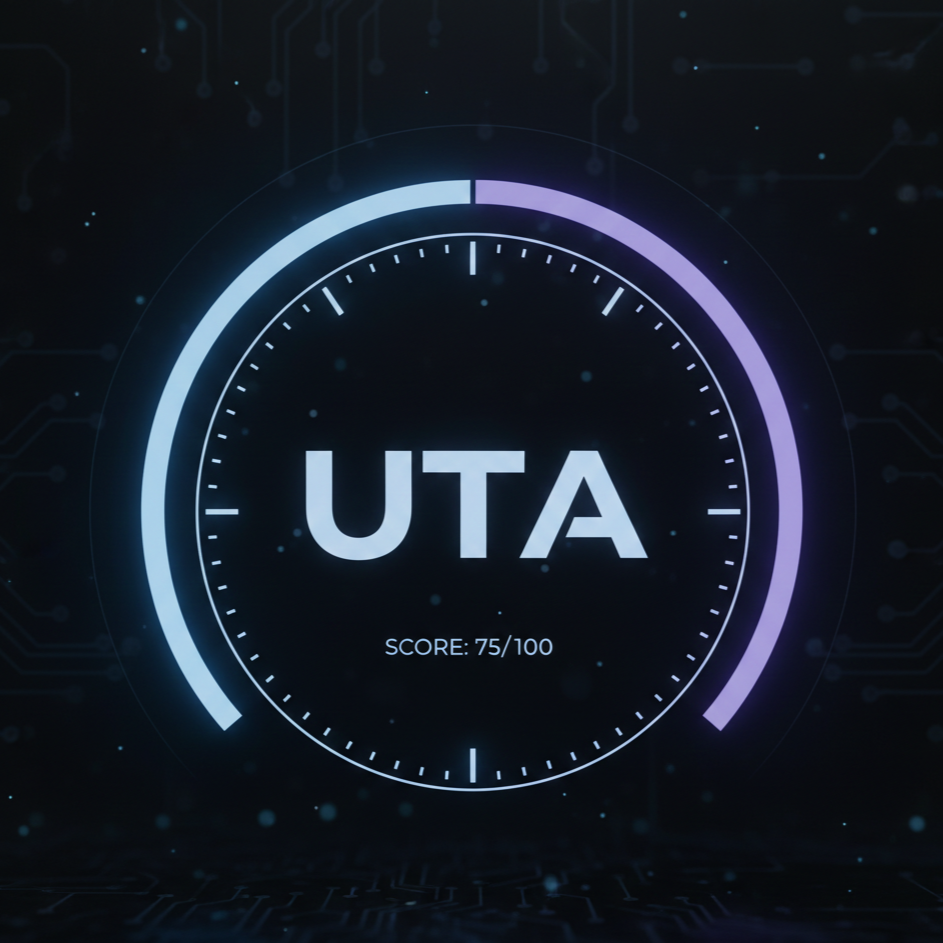 Écran numérique affichant un score de 75 sur 100 avec le texte 'UTA' au centre.