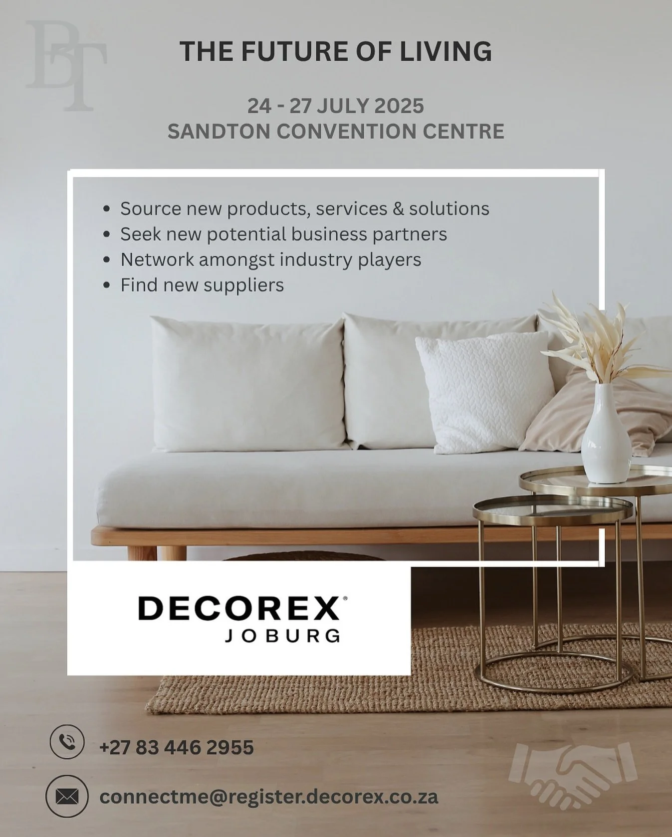 We’re back as the official B2B Matchmaking team for DECOREX Joburg — and we’re thrilled to be connecting industry professionals once again.
And guess what? The matchmaking portal is now LIVE!
 
From curated meetings to powerful intr