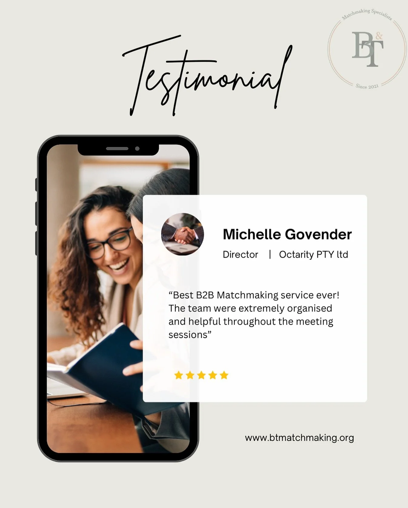 ✨ Client love incoming! ✨
Michelle Govender from Octarity PTY Ltd said it best:
At B&T Matchmaking, we’re all about creating meaningful connections that spark real business magic. Thanks for the love, Michelle!
#ClientLove #B2BMatchmaking #