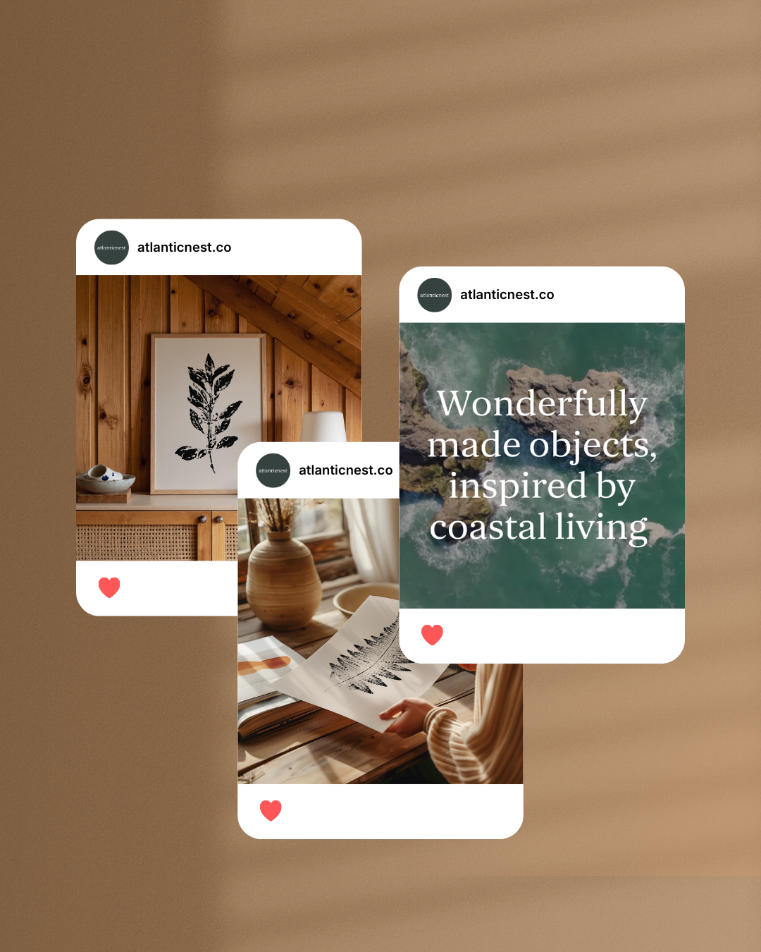 Three social media posts from atlanticnest.co featuring coastal-inspired decor and nature scenes, including a framed black and white leaf print, a coastal landscape, and a botanical print at a wooden table.