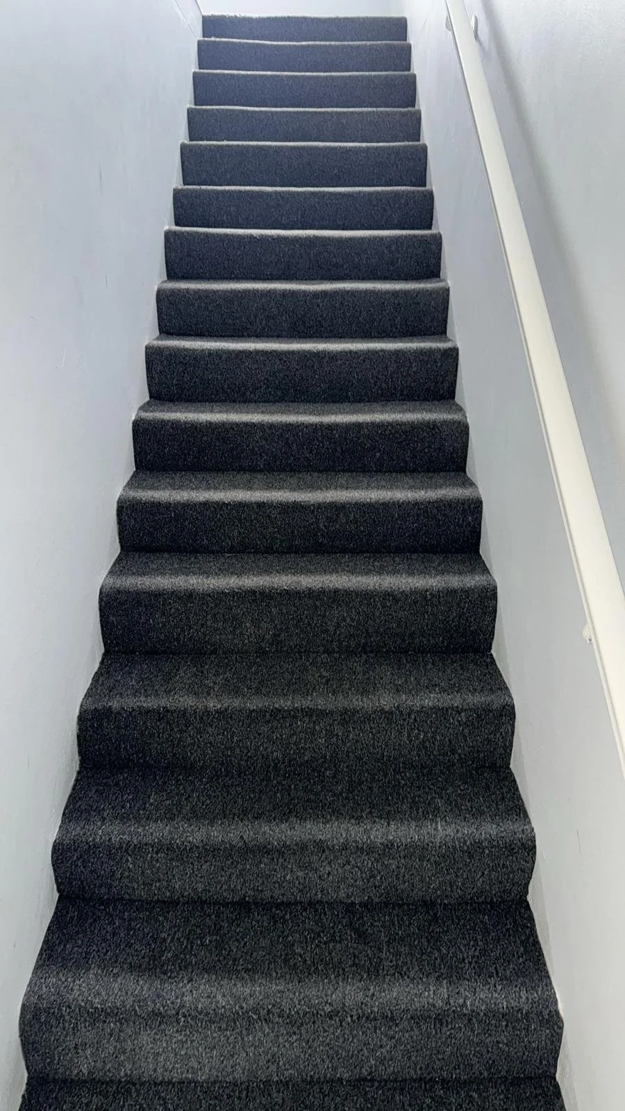Carpeted staircase with dark gray carpet, white walls on each side, and a white handrail on the right side.