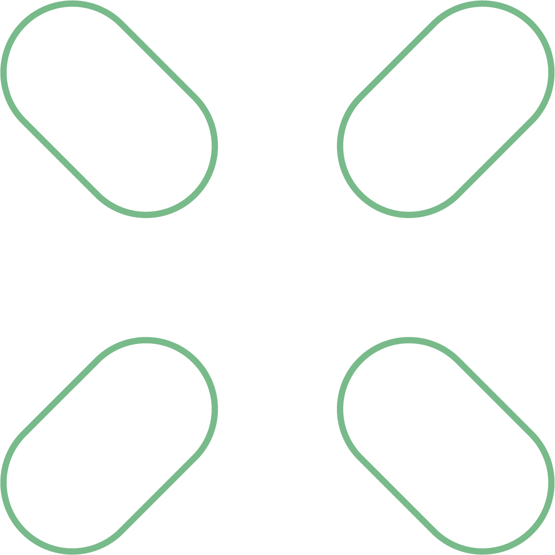 Outline illustration of four capsules arranged in a square pattern with alternating orientations.