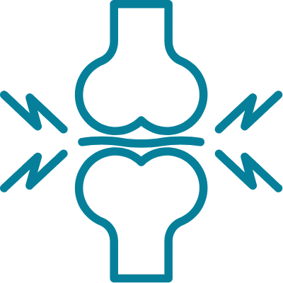 An icon of a knee joint with lightning bolts indicating pain or discomfort.