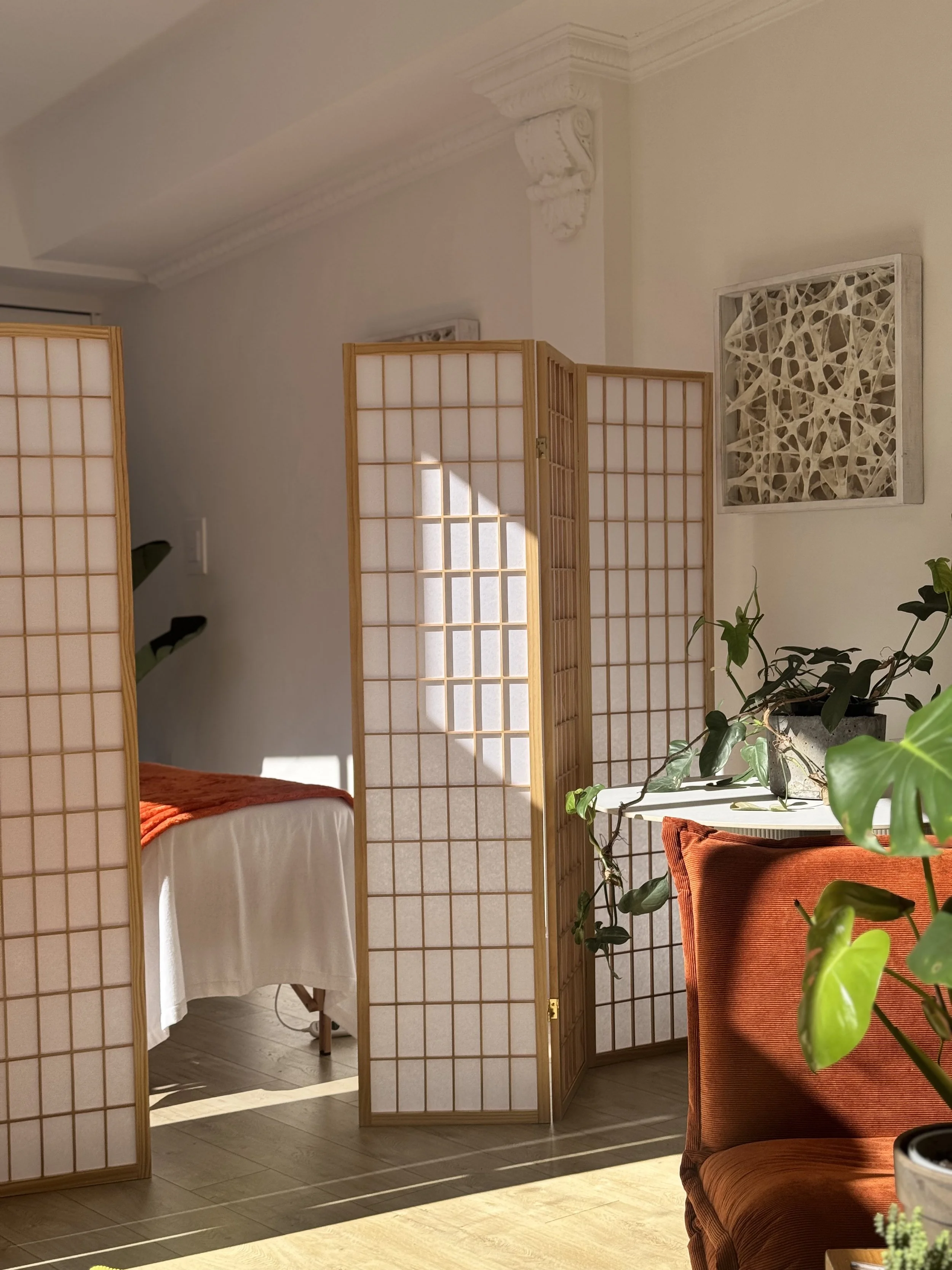 A room divider made of light-colored wood with paper panels, partially obscuring a bed with white linens and a rust-colored throw blanket, situated in a sunlit room with potted plants, a red armchair, and abstract wall art.
