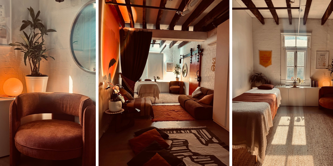 A thoughtfully designed well-being space for rental in the vibrant heart of Newtown, Sydney. Created with earthy tones, calming mood lighting and grounded energy.