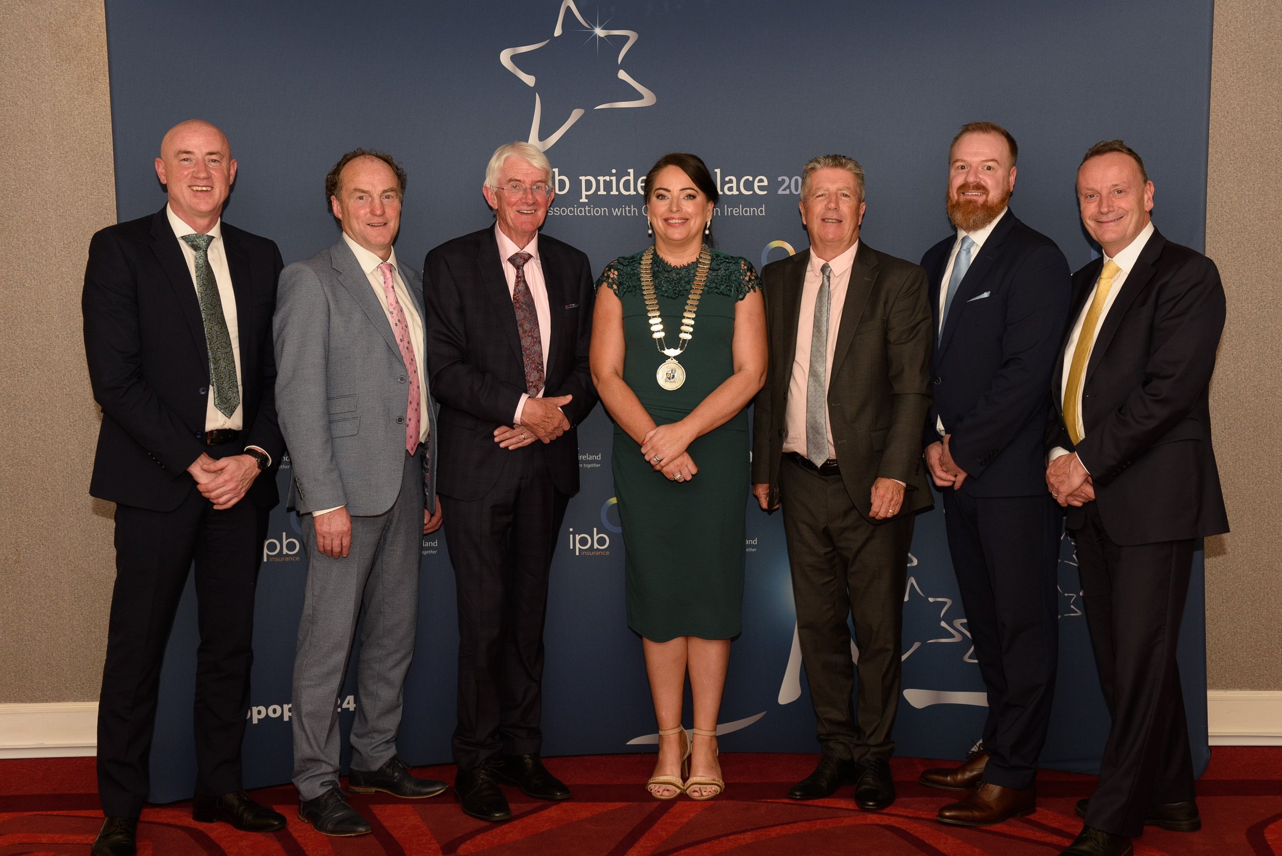 Robert Burns, Chief Executive of Monaghan County Council, John Hogan, Chair and Group Non-Executive IPB, Tom Dowling, Pride of Place Chairperson, Cllr Cathy Bennett, Cathaoirleach of Monaghan County Council, and John Kearns, Chief Executive Officer a
