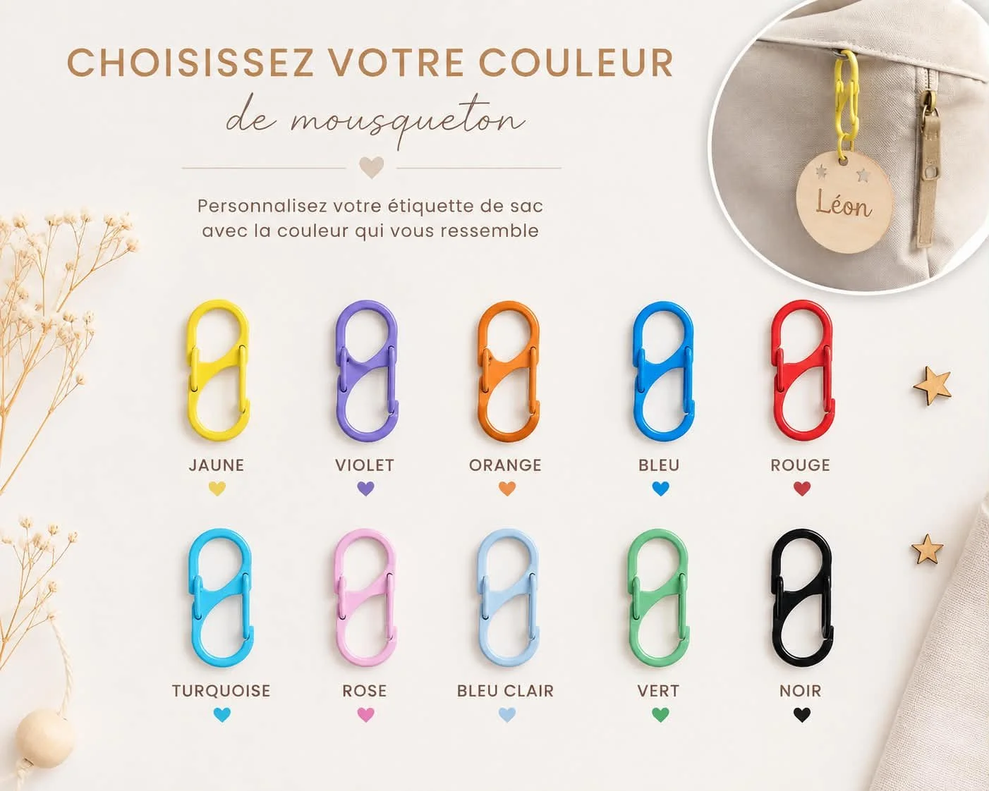 étiquette - sac - enfant - mousqueton - décoration -