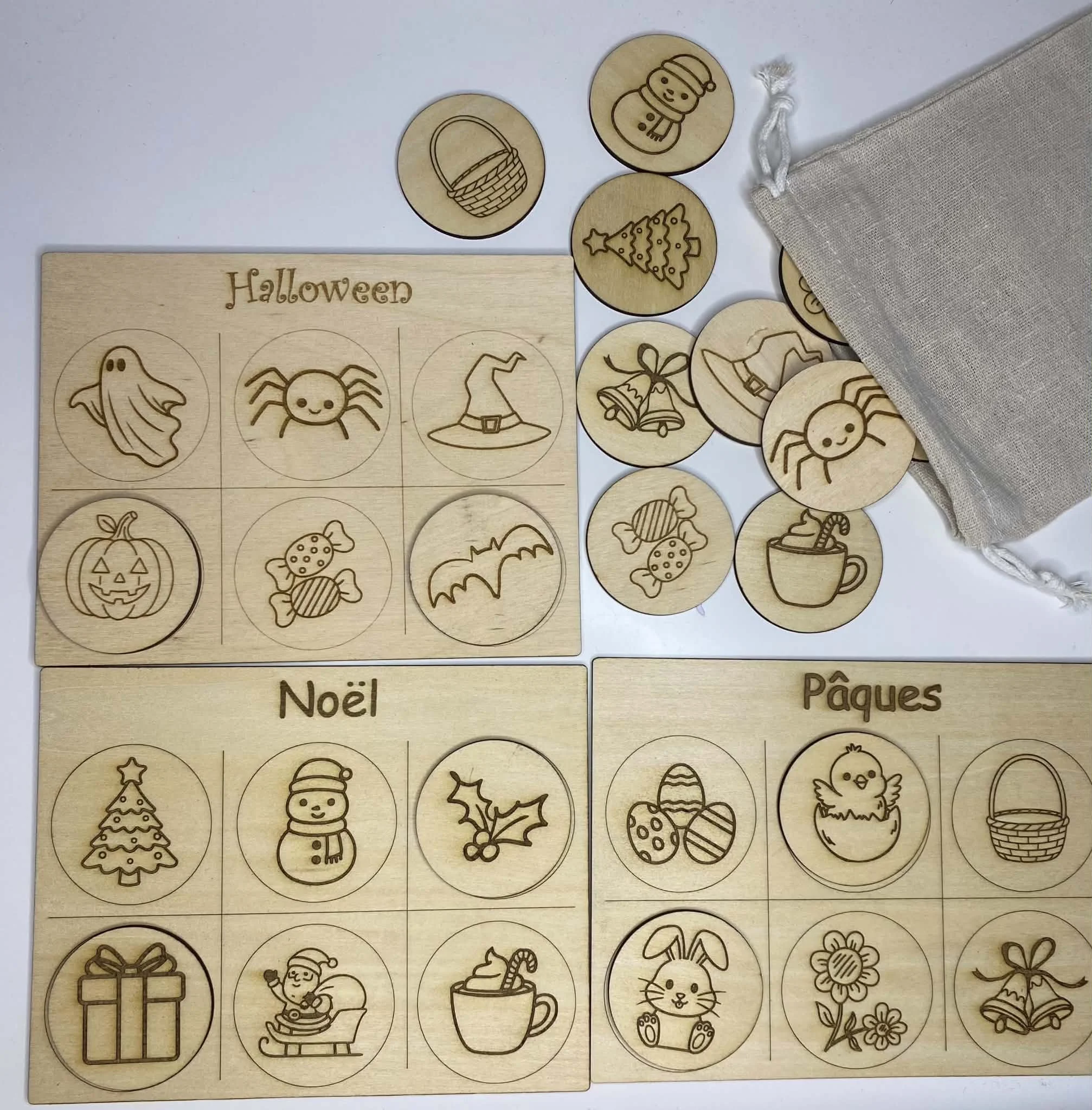 Loto des fêtes en bois - Halloween, Noël et Pâques