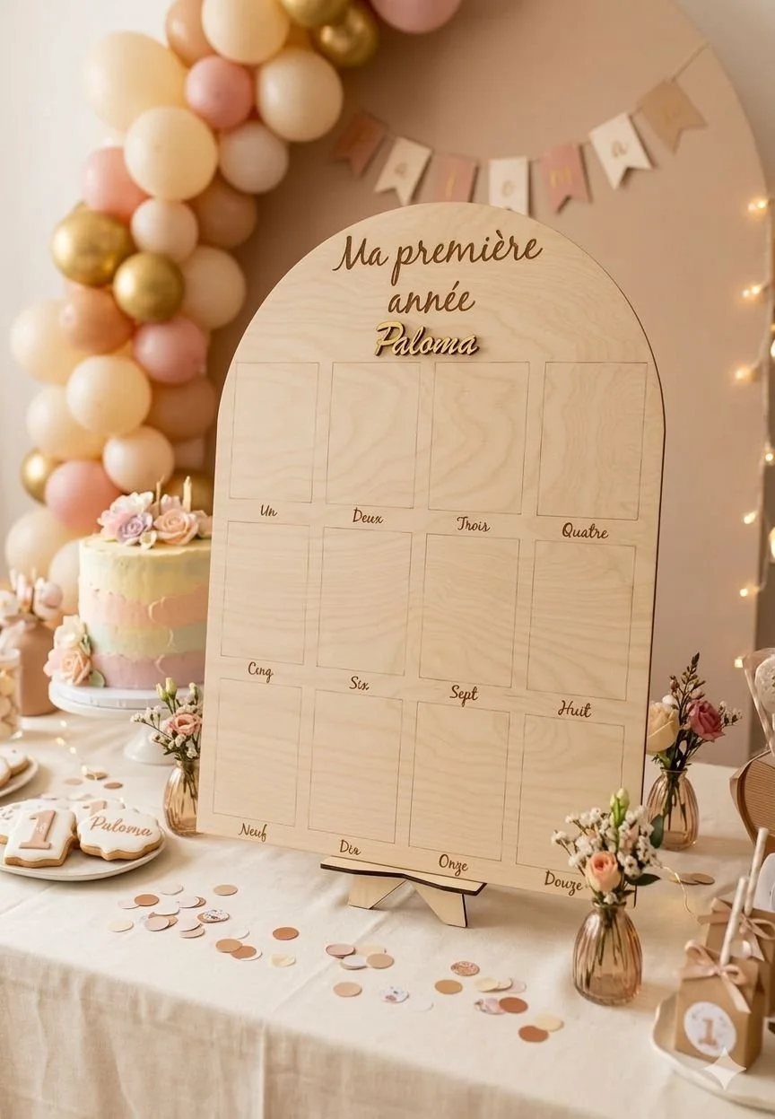 Panneau photo ma première année personnalisable en or avec support