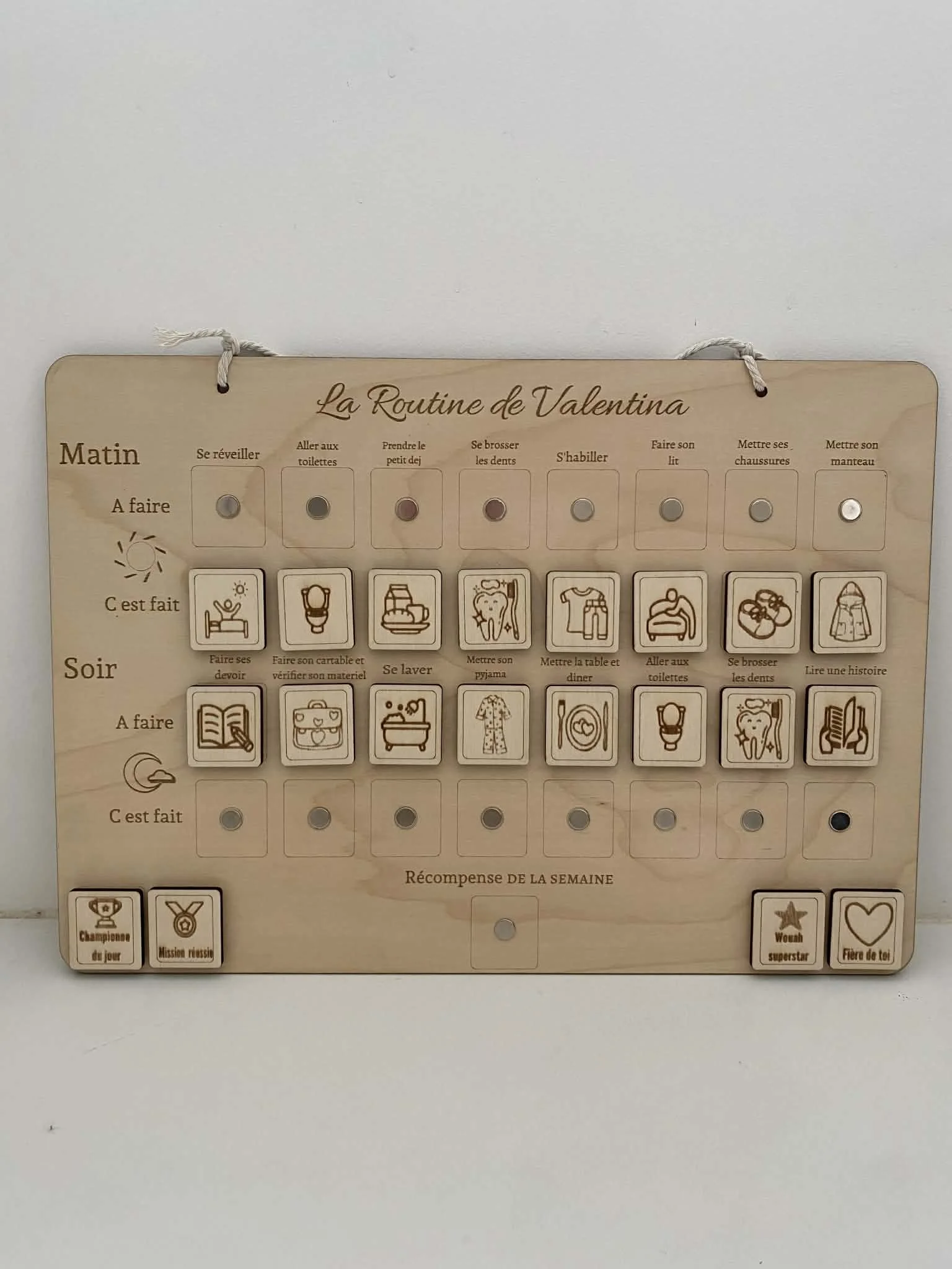 tableau routine - panneau - routine - enfants - matin - soir - bois - personnalisé - autonomie- enfant-panneau éducatif-montessori-bois gravé