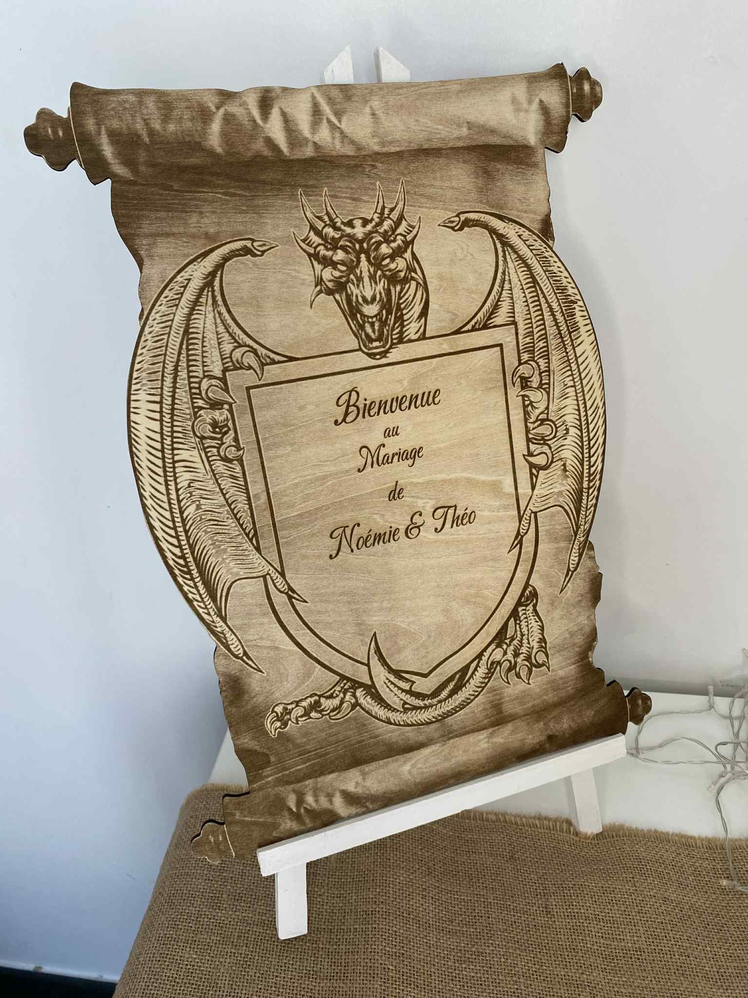 Panneau - mariage - médieval - viking - décoration - entrée- personnalisé - original - parchemin-bois