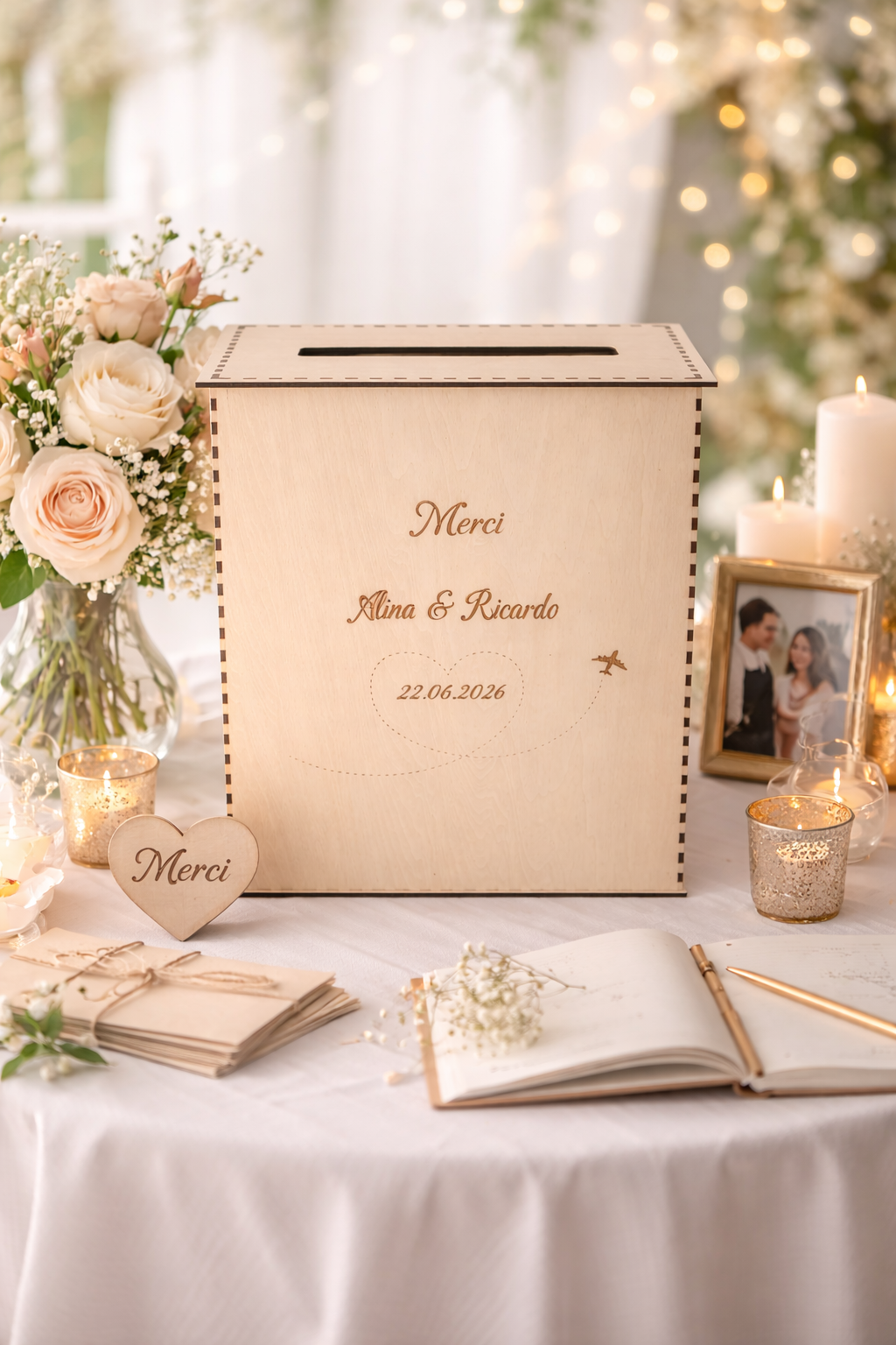 Boite à enveloppe thème voyage en bois - personnalisable