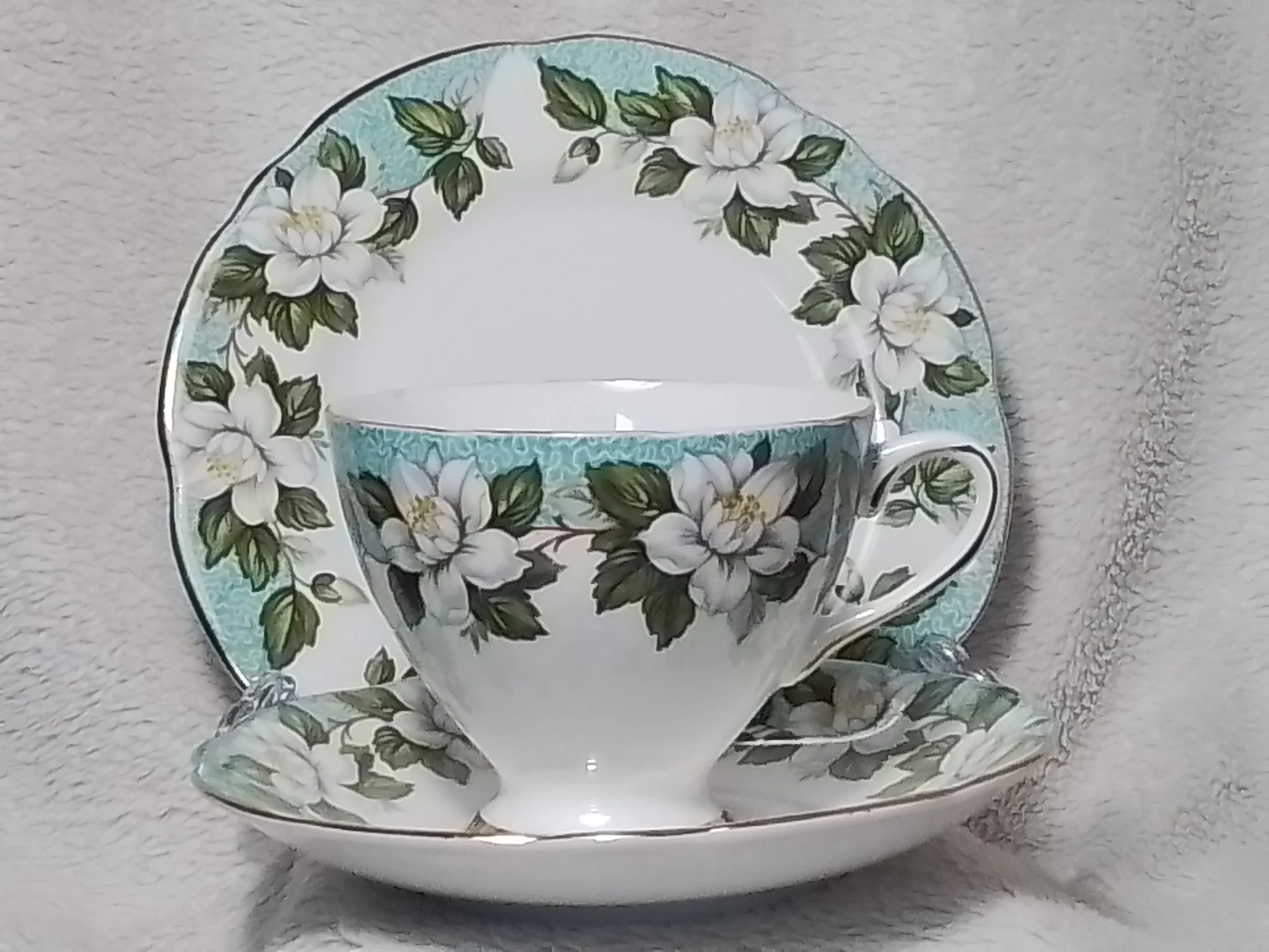 A porcelain tea cup with a floral pattern sits on a matching saucer and plate, all decorated with white flowers and green leaves.