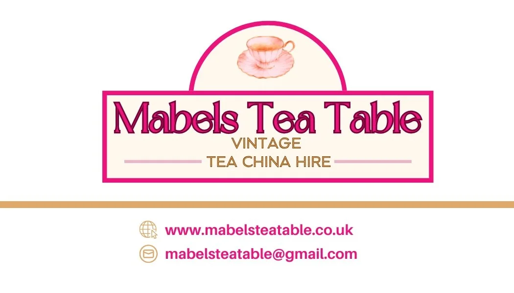 Business card for Mabels Tea Table featuring a pink teacup illustration, with contact information including website and email.