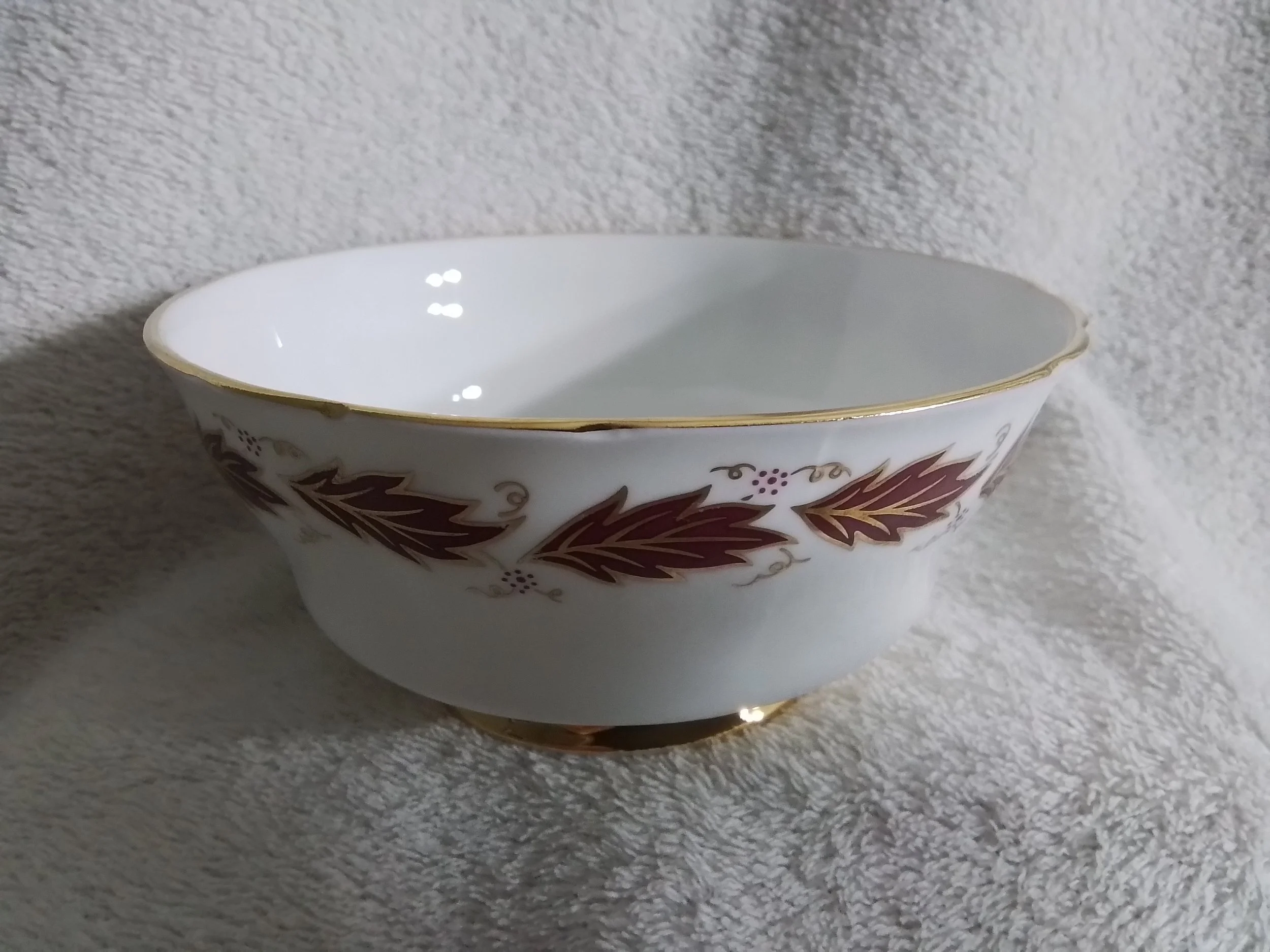 A white ceramic bowl with a gold rim and decorative brown leaves pattern around the exterior, placed on a textured surface.