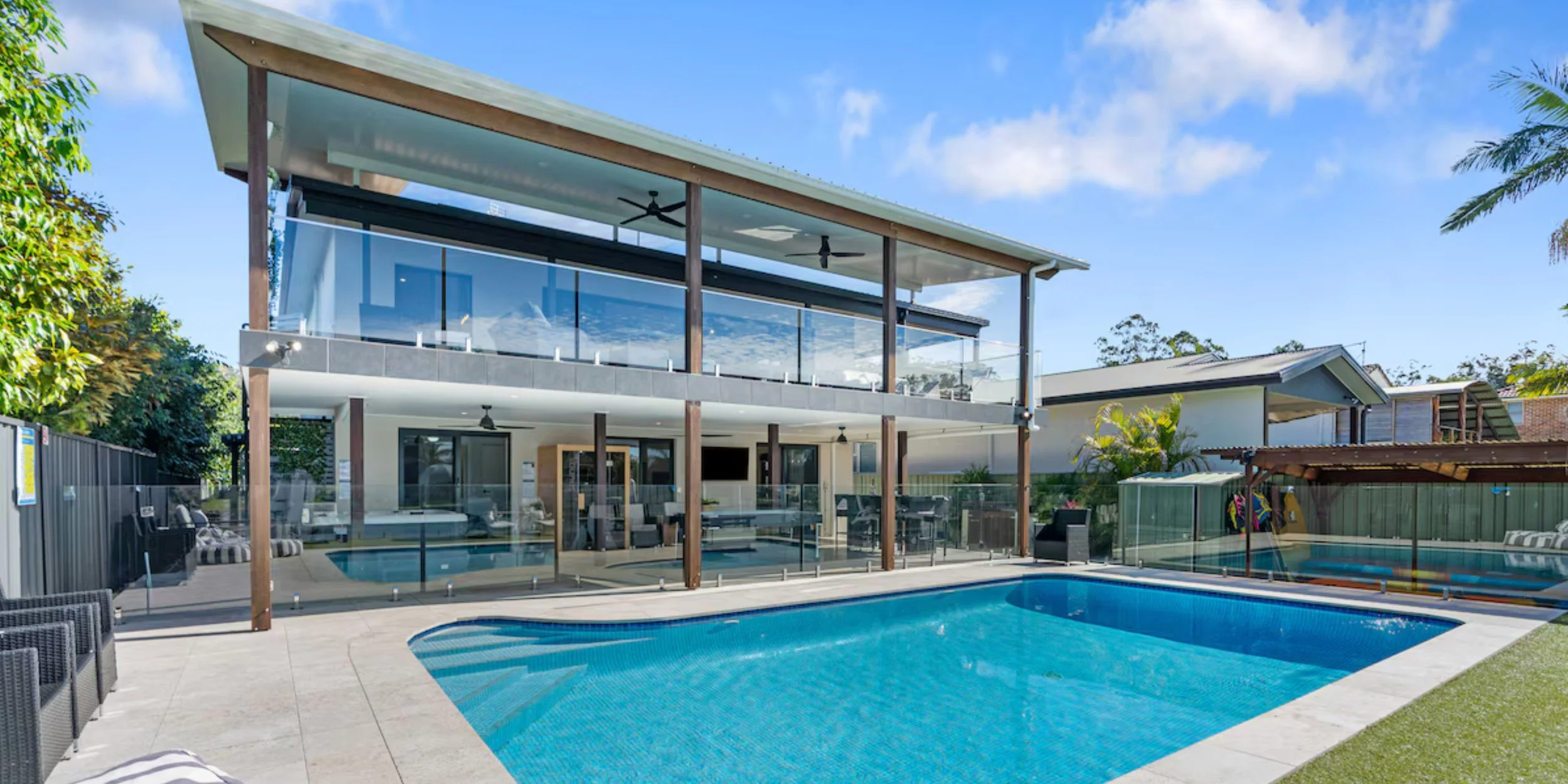 Modern villa-style estate in Northern NSW near Tweed Heads, with expansive outdoor entertaining area — perfect setting for a private pizza masterclass with Marino & The Dough.