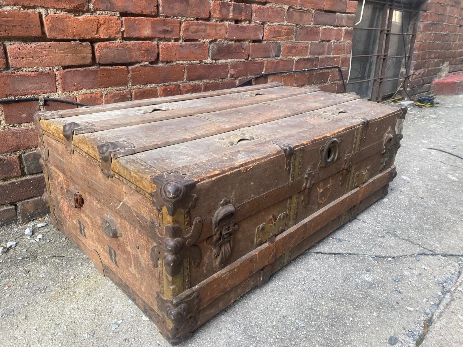 Antique Medium Size Solid Wood and Bras Trunk