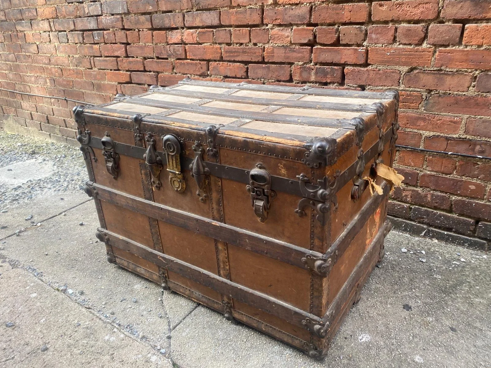 Antique Large Solid Wood and Brass Trunk