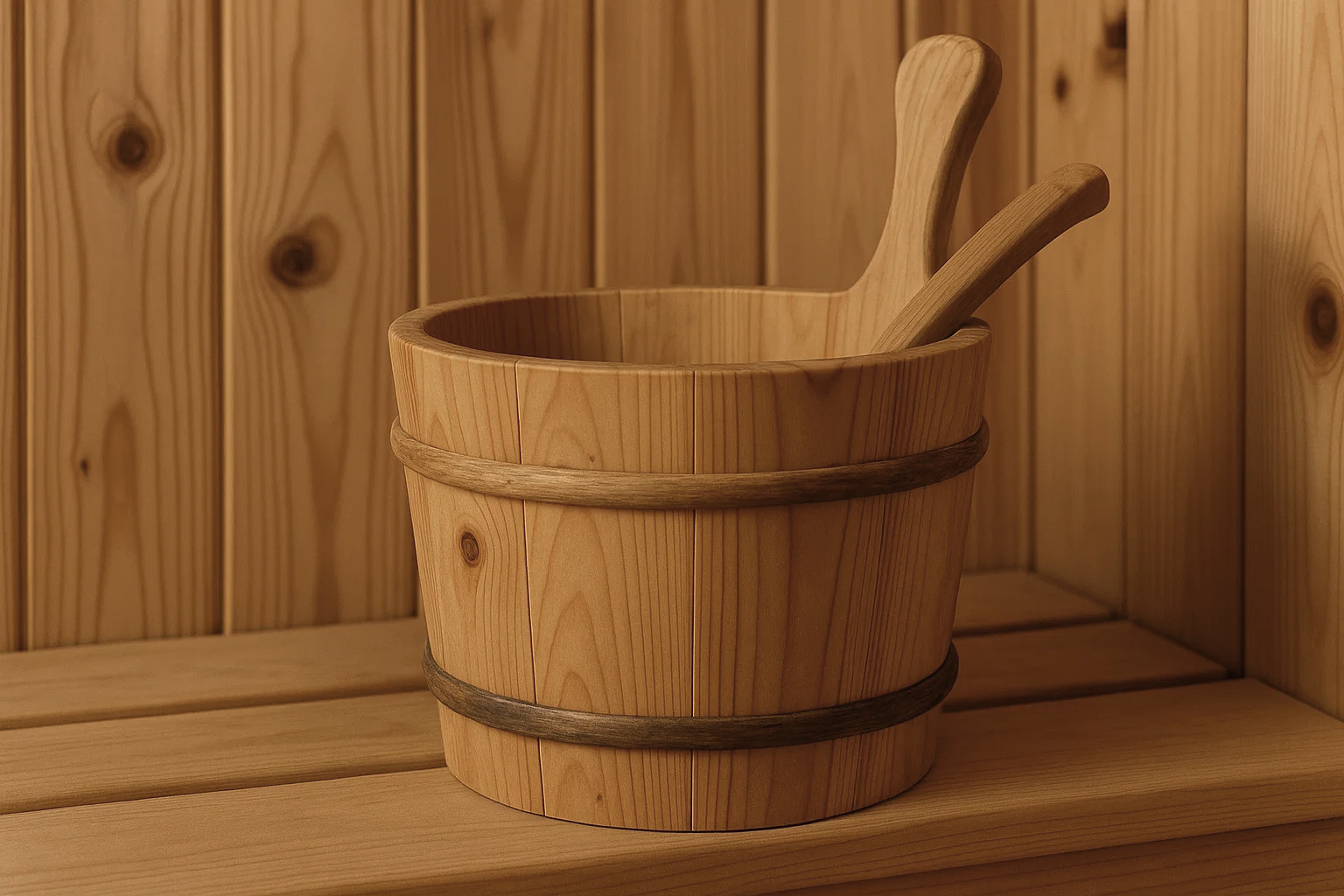 A wooden sauna bucket with a handle placed in a corner of a sauna with wood-paneled walls and floor.