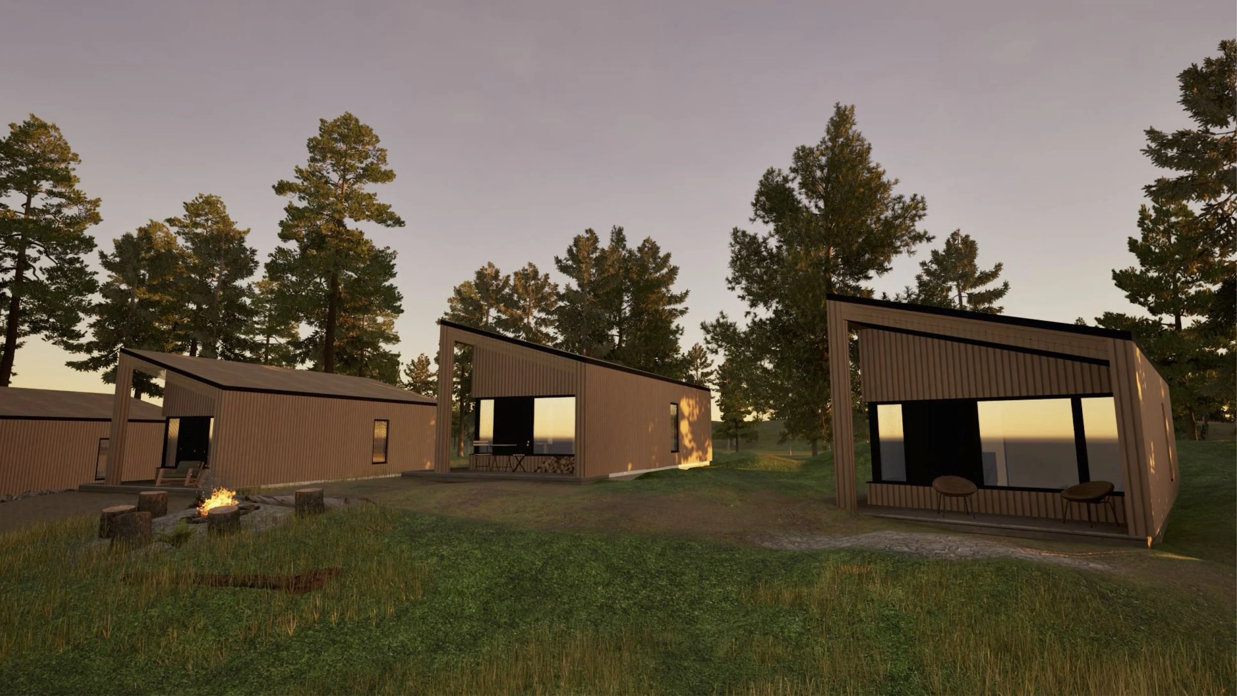 Three modern tiny houses with angular roofs set in a grassy and wooded area during sunset, with a campfire surrounded by logs in the foreground.