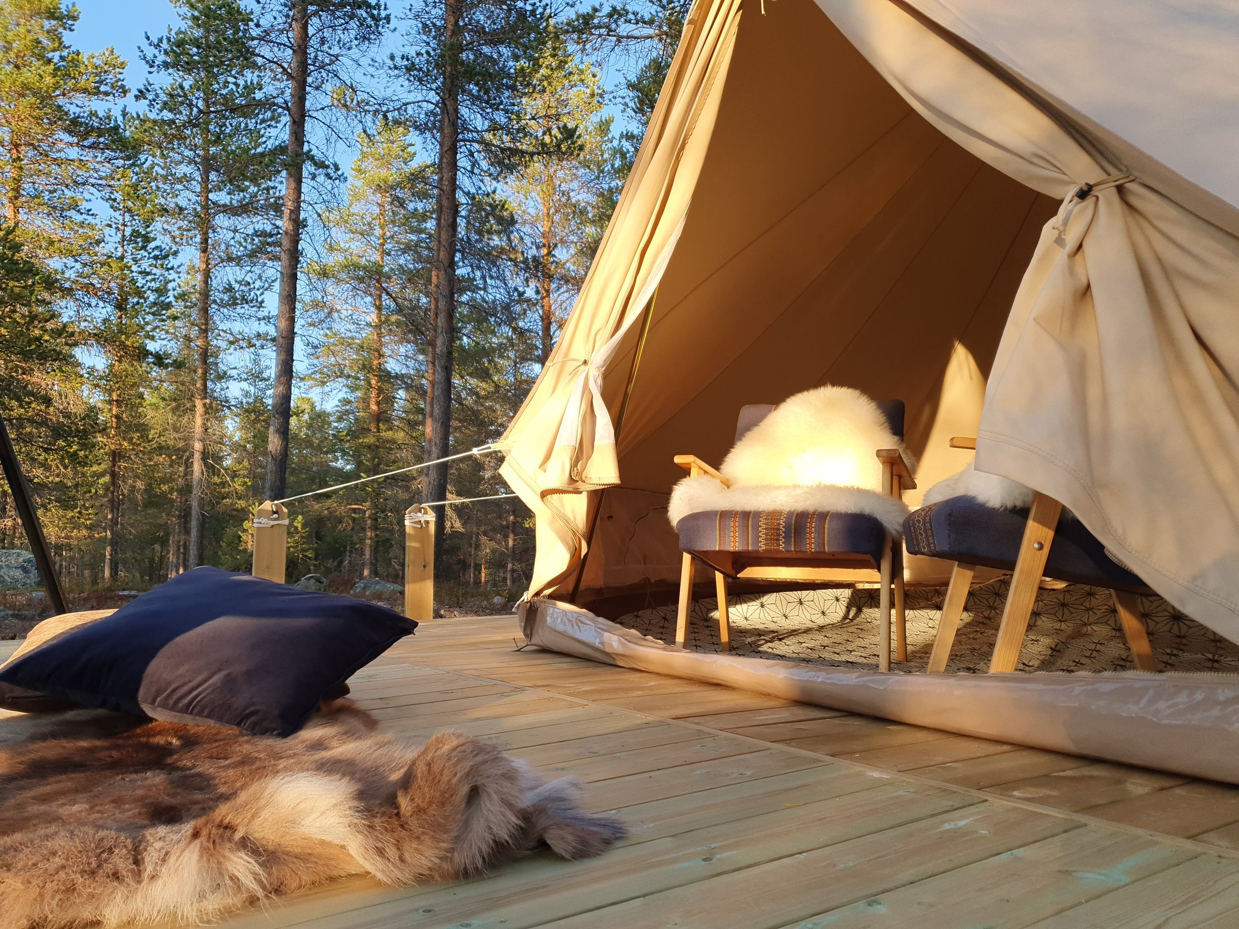 Komfortabelt glampingtelt i en skog med to polstrede stoler på en treterrasse, møblert med saueskinnspledd og en pute, omgitt av høye trær.