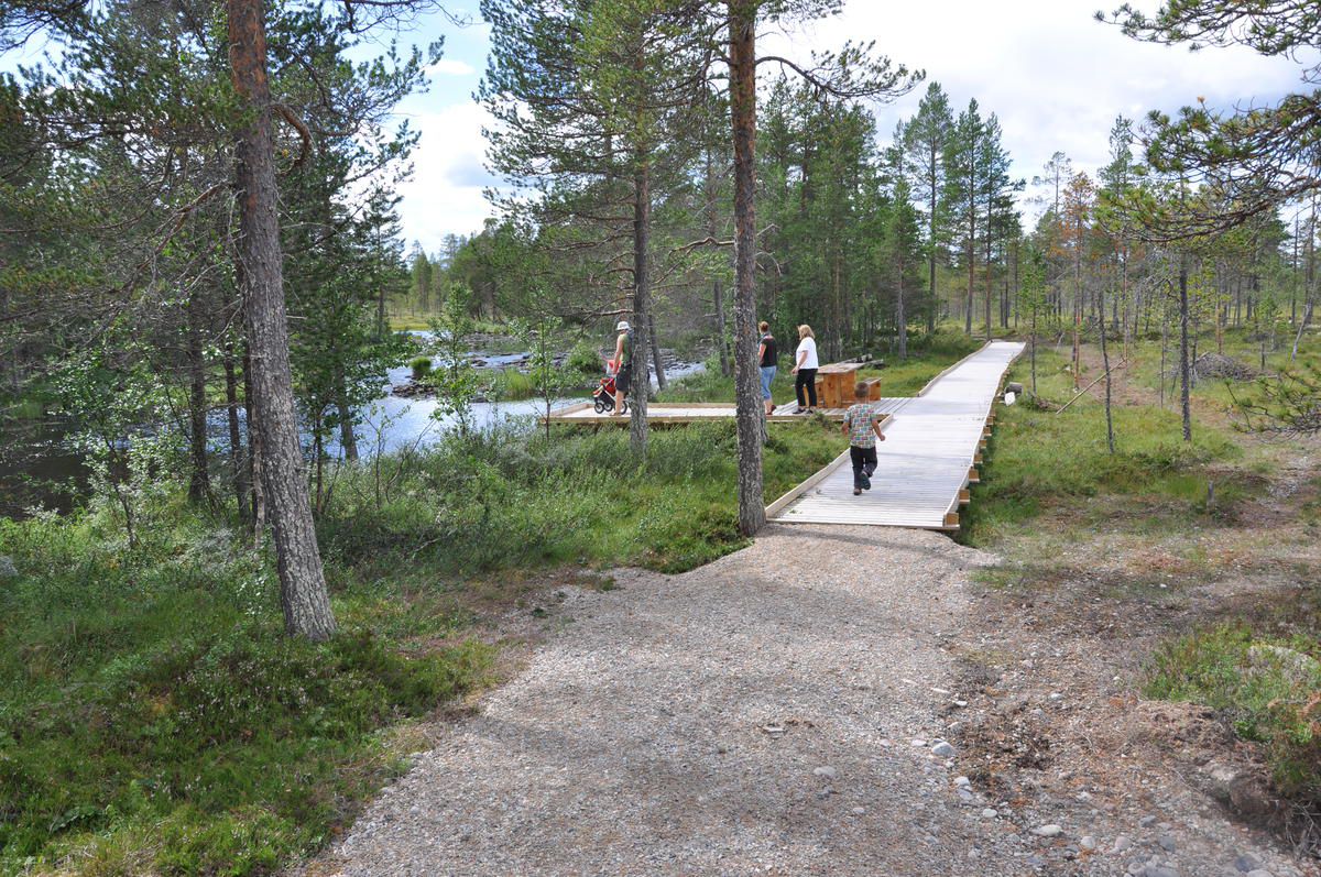 A scenic outdoor park with a wooden boardwalk along a small river, surrounded by trees and grass, with four people walking and a child running on the path.