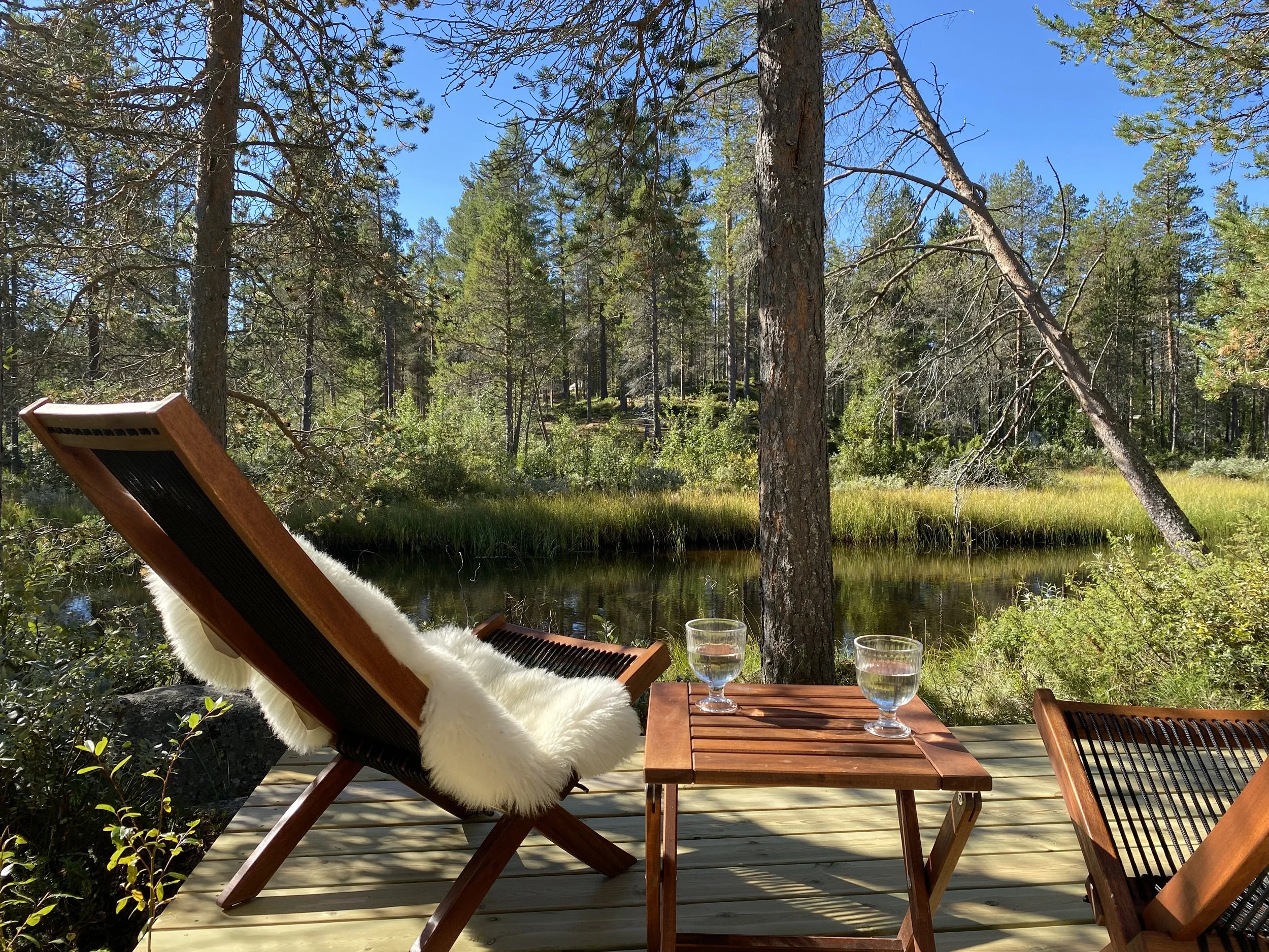 Holzterrasse mit Stühlen und Tisch mit Blick auf einen Teich und den Wald