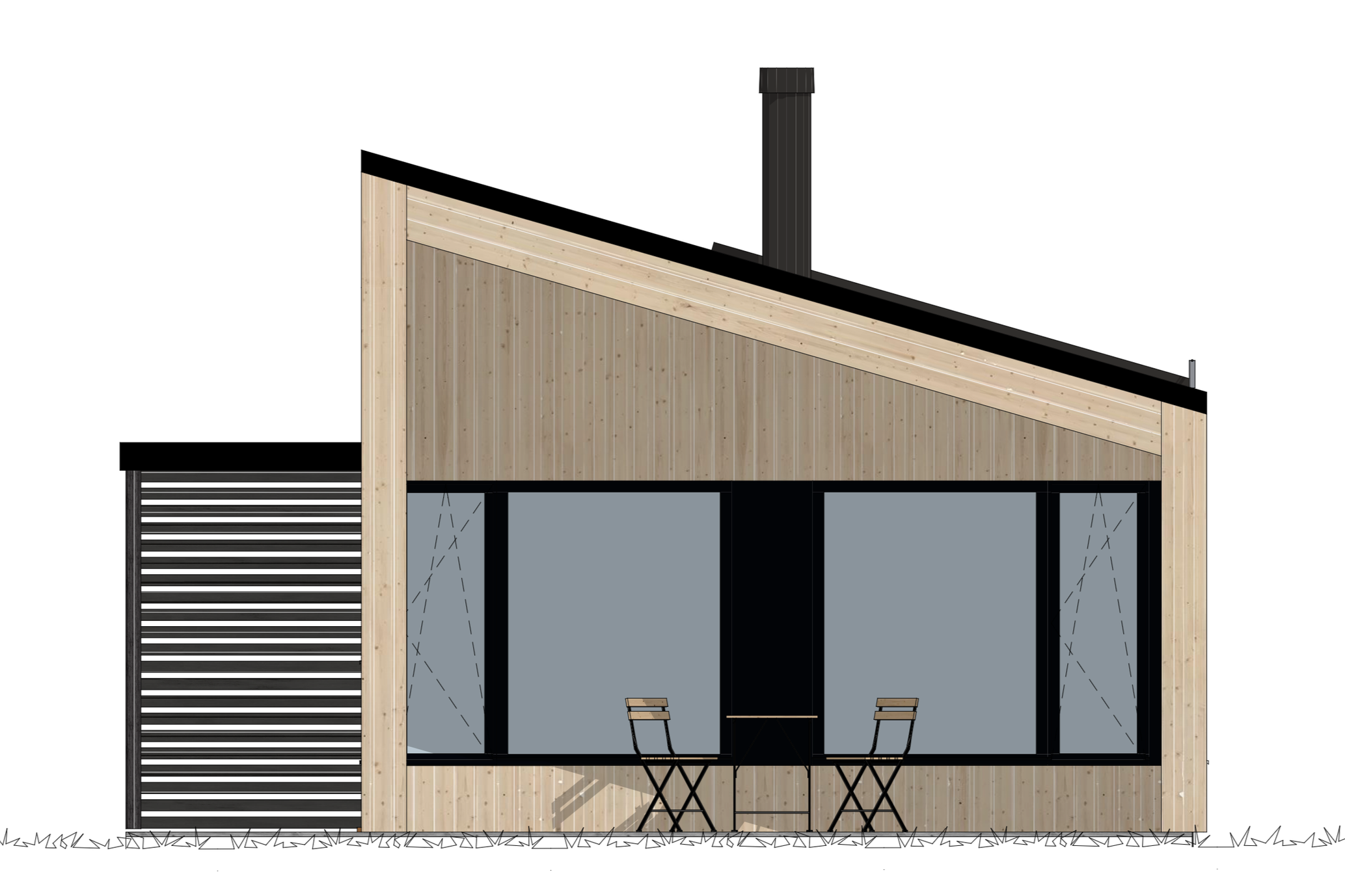 Vorderansicht eines modernen Hauses mit Akzenten aus Holz und schwarzem Metall, großen Glasfenstern, einer Außenterrasse mit zwei Stühlen und einem Schrägdach mit Schornstein.