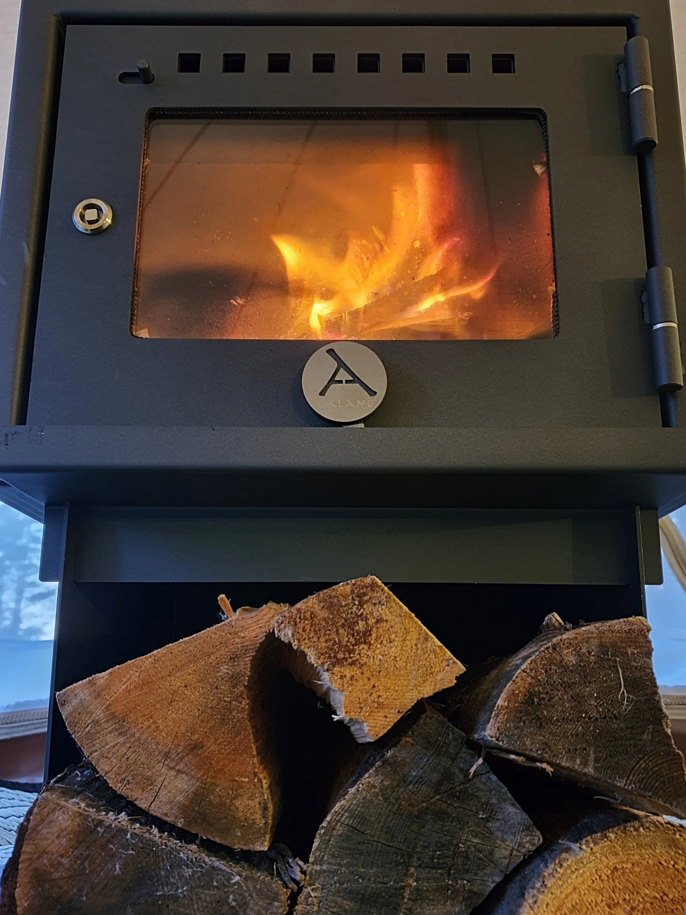 Kaminofen mit Feuer und Holzscheiten