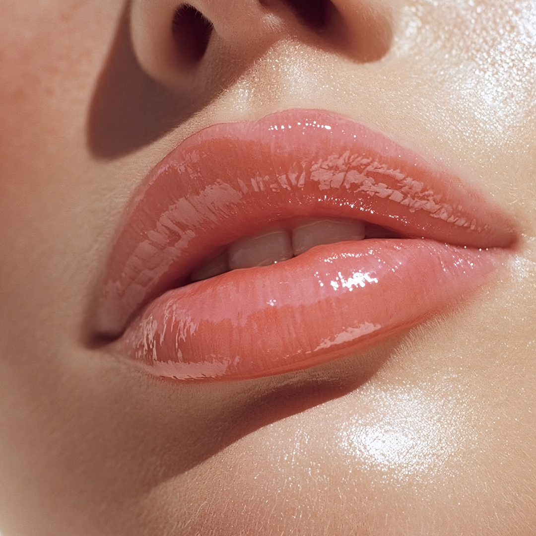Close-up of shiny, natural-looking lips with gloss, part of a person's face near the nose and skin.