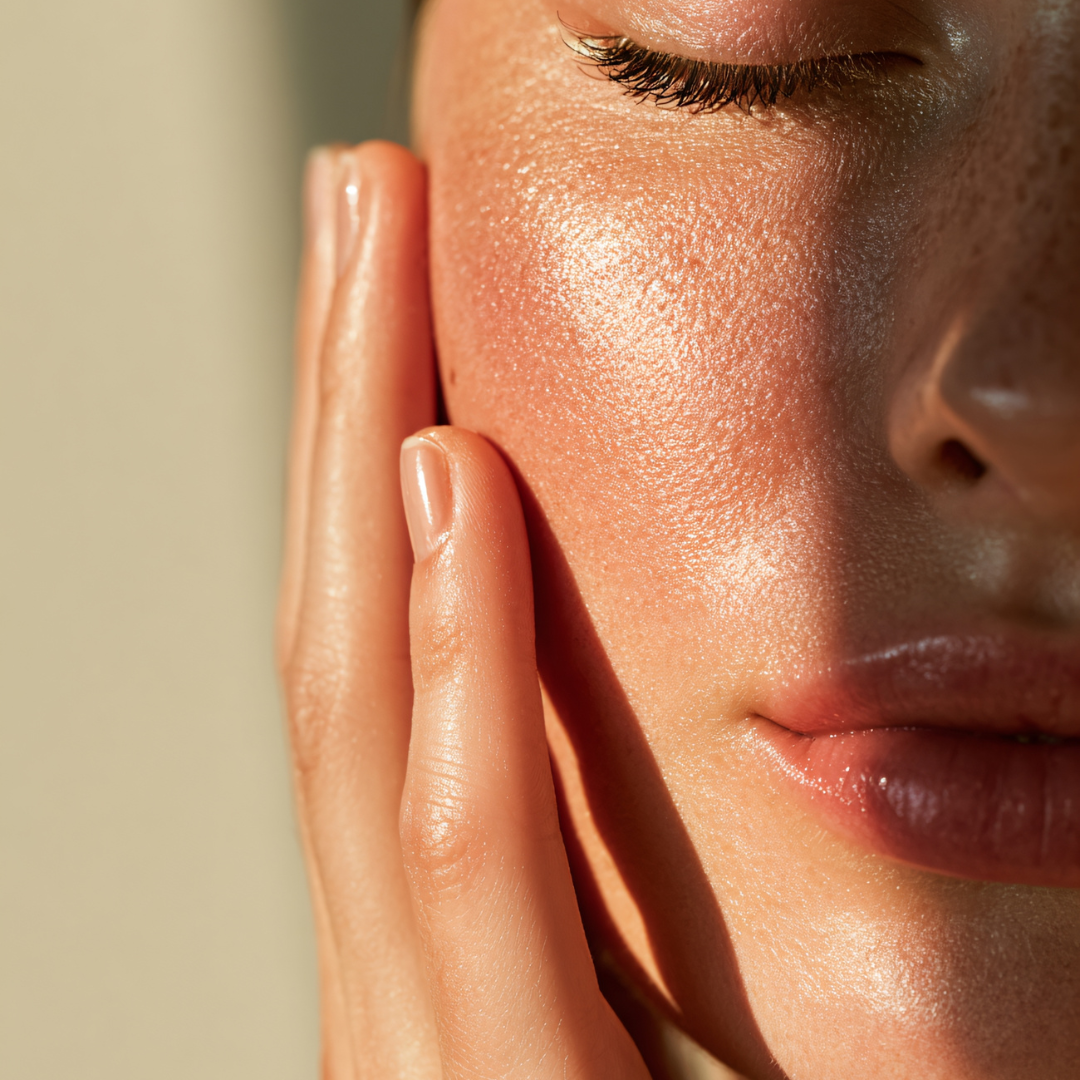 Close-up of a woman's face with her eyes closed, touching her cheek with her fingers, showing glowing skin and natural makeup.