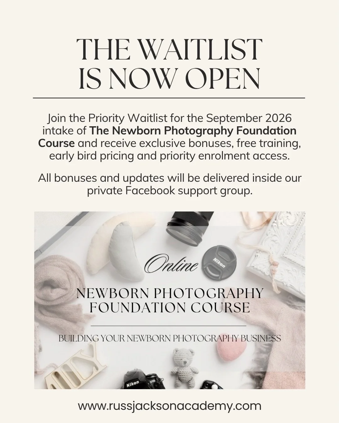 The 15th intake of The Newborn Photography Foundation Course begins this September.

Before enrolment opens to the public, we invite aspiring photographers to join our Priority Waitlist. ✨
&nbsp;
Inside this private support group, you will receive:
&