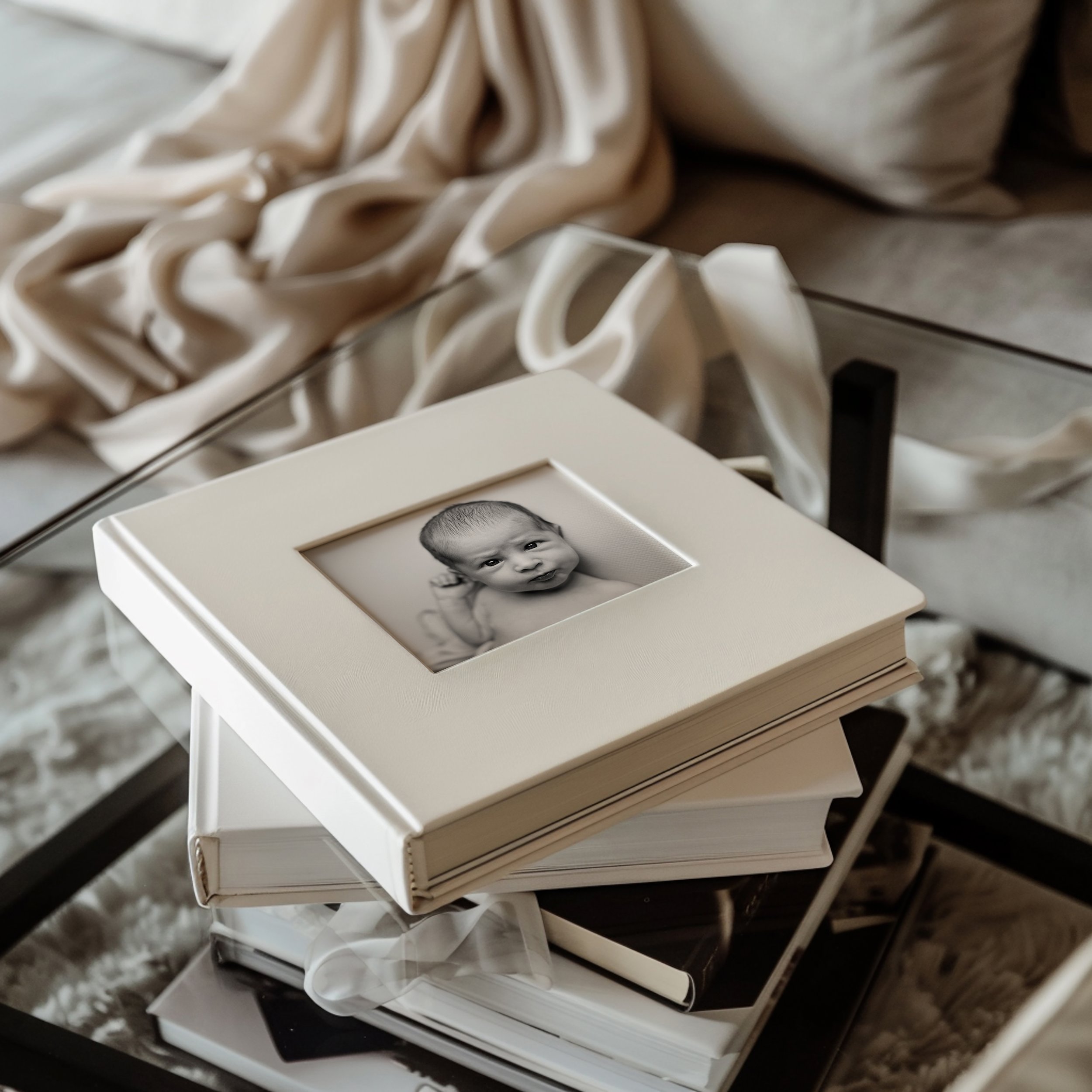 A black-and-white photo of a baby with a serious expression inside a white picture frame, placed on top of a stack of books on a glass table, with beige and white fabrics in the background.