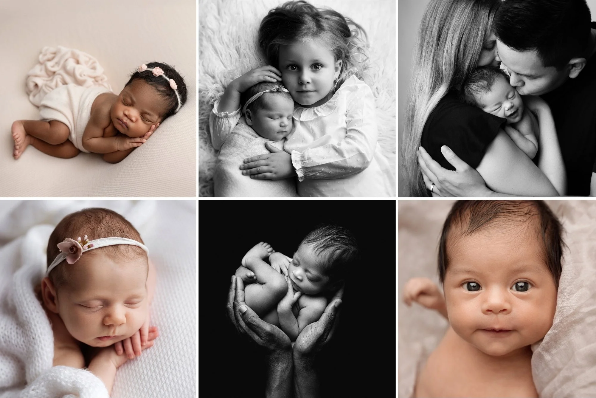 Collage of newborn and toddler photos, including sleeping, cuddling, and smiling babies, some in black and white and some in color.