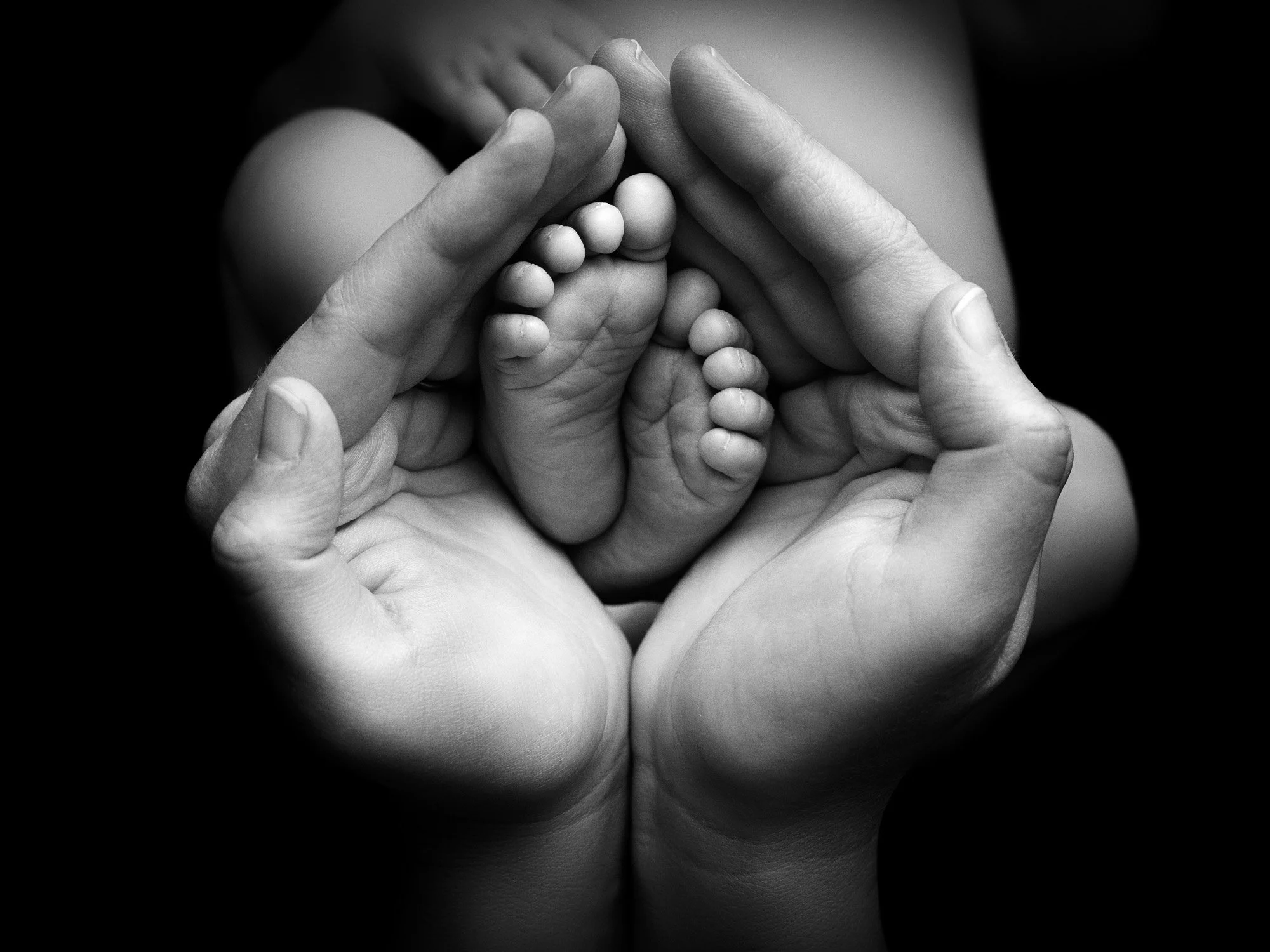 Black and white photo of adult hands gently holding two tiny baby feet.