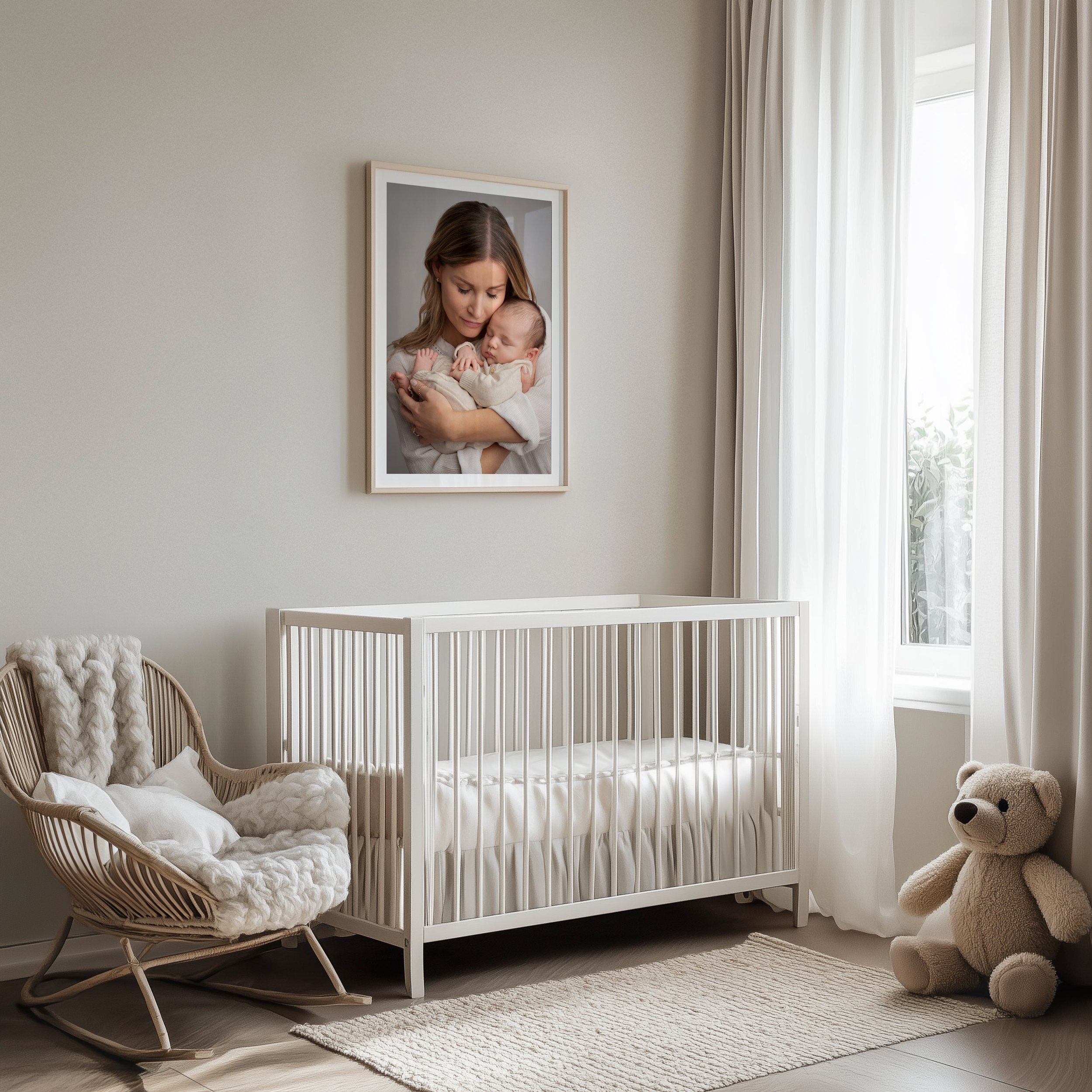 Nursery with a white crib, a large teddy bear, a cozy wicker chair with blankets, and a framed photo of a woman holding a baby on the wall, natural light from a window with white curtains.