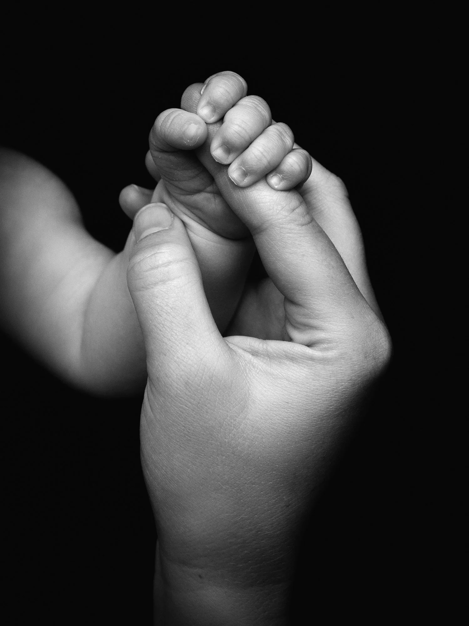 A black and white photograph of an adult's hand gently holding a baby's hand.