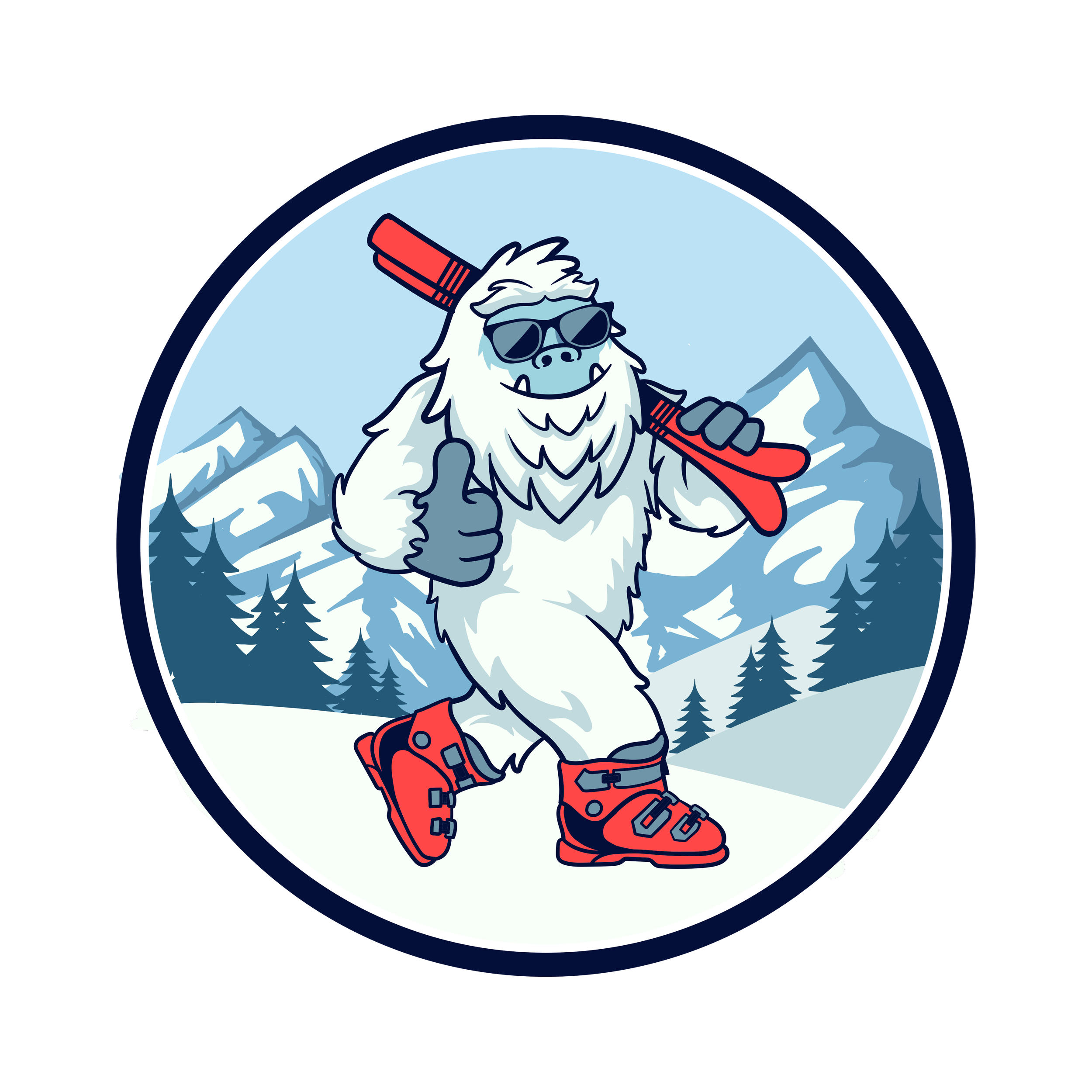 Cartoon yeti wearing sunglasses and ski boots, holding skis, giving a thumbs up in a snowy mountain setting.