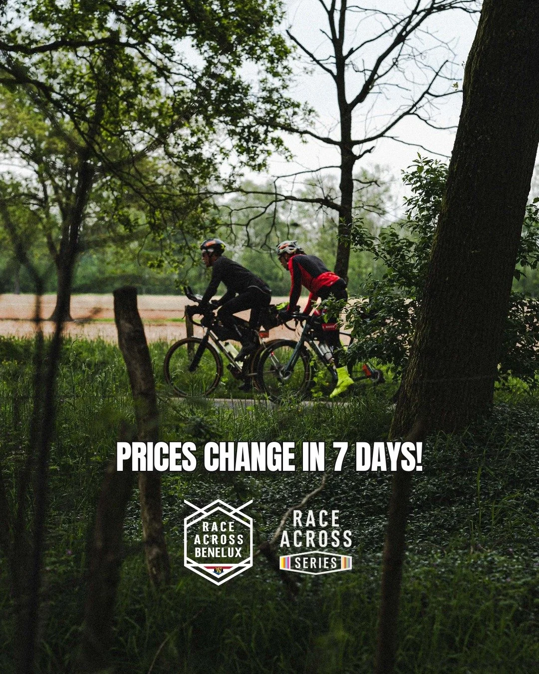 D‑7 ⏳ PRICE CHANGE &mdash; BENELUX

In 7 days, Race Across Benelux prices go up. The adventure is coming. In just over 3 months, the northern roads will write their story.

🚴&zwj;♂️ 1000, 500, 300, or 200 km &mdash; four distances, three countries, 