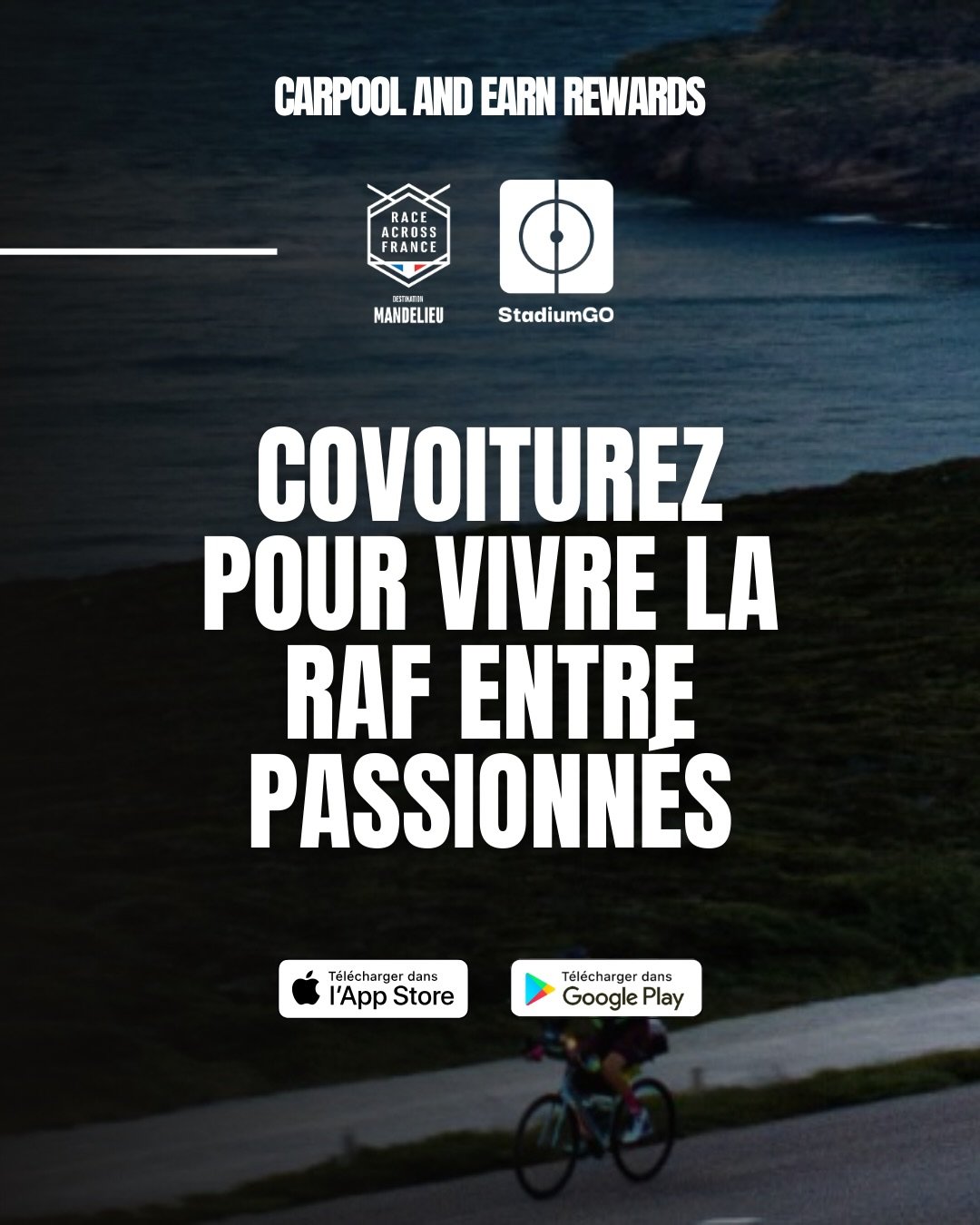 🚗 Carpool &amp; earn rewards! 🎁 

🚵🏼&zwj;♀️ The Race Across France is the flagship event of our series, attracting a huge number of participants each year. This year, we&rsquo;ve partnered with Stadium Go to promote more sustainable travel 🌱 

B