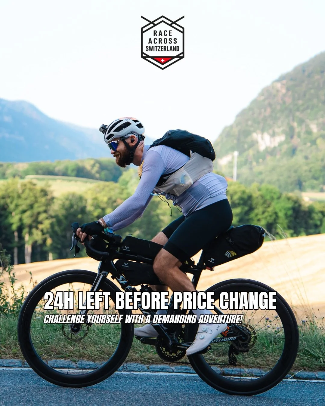 24 hours before the price change 

In 24 hours, the prices for the Race Across Switzerland (RACH) will increase &mdash; now is the perfect time to sign up 🚴&zwj;♂️ 

🔥🇨🇭 The RACH is an extreme challenge for those who want to push themselves and g