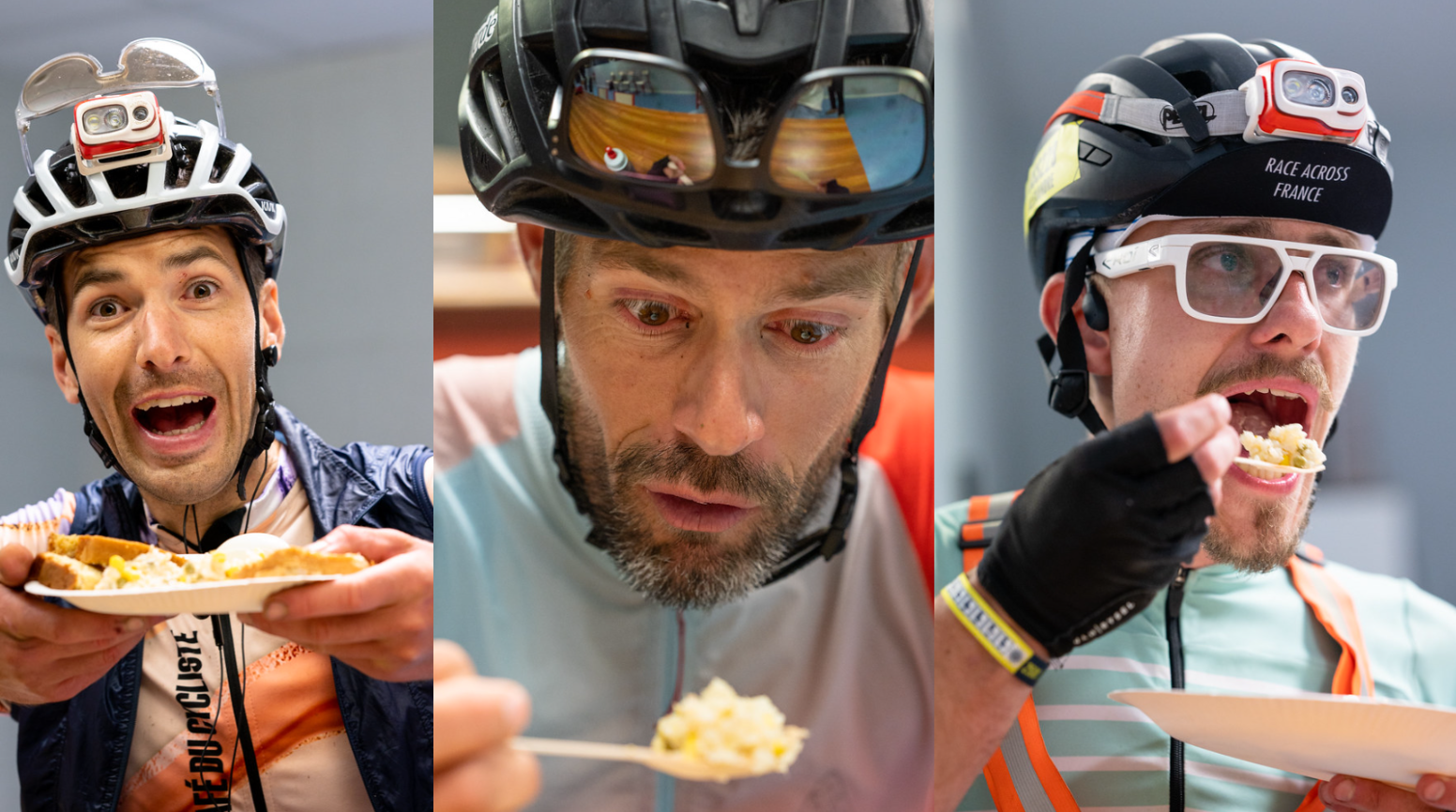 Los participantes en la Carrera a través de Francia toman un descanso para avituallarse. Los ciclistas, con sus equipaciones y cascos, disfrutan de una comida durante la prueba de ultraciclismo.