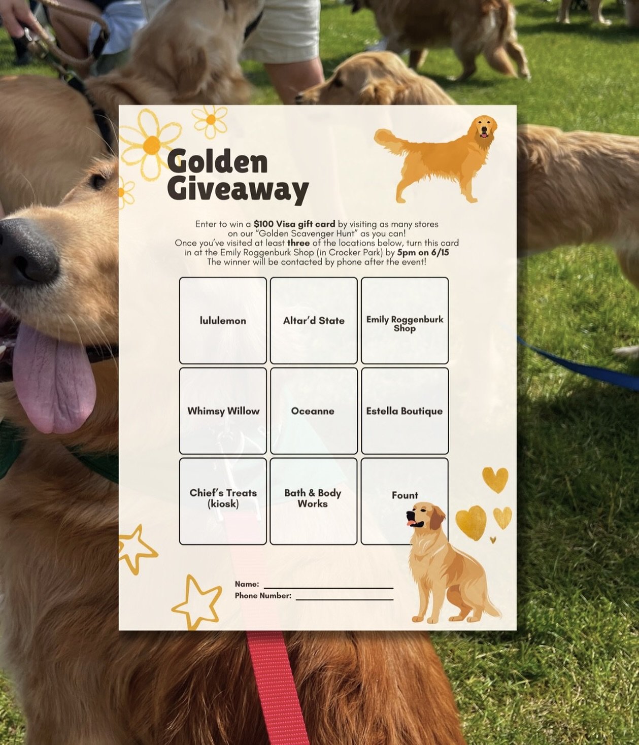 NEW at our June 14 Meet-Up! 📣 We&rsquo;re calling it a &ldquo;Golden Scavenger Hunt&rdquo; ☺️
&bull;
Bring your golden out on Saturday, June 14 from 10am-1pm for our Golden Meet-Up and receive this card at the event. After the event, venture to the 