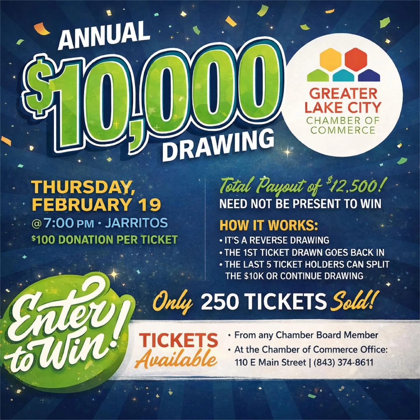 💰YOUR CHANCE TO WIN BIG💰

Join us for our largest fundraiser of the year - the $10,000 Drawing! With a limited number of tickets available (only 250), your odds to win BIG are HIGH! Once again, the total purse up for grabs is $12,500. The drawing i