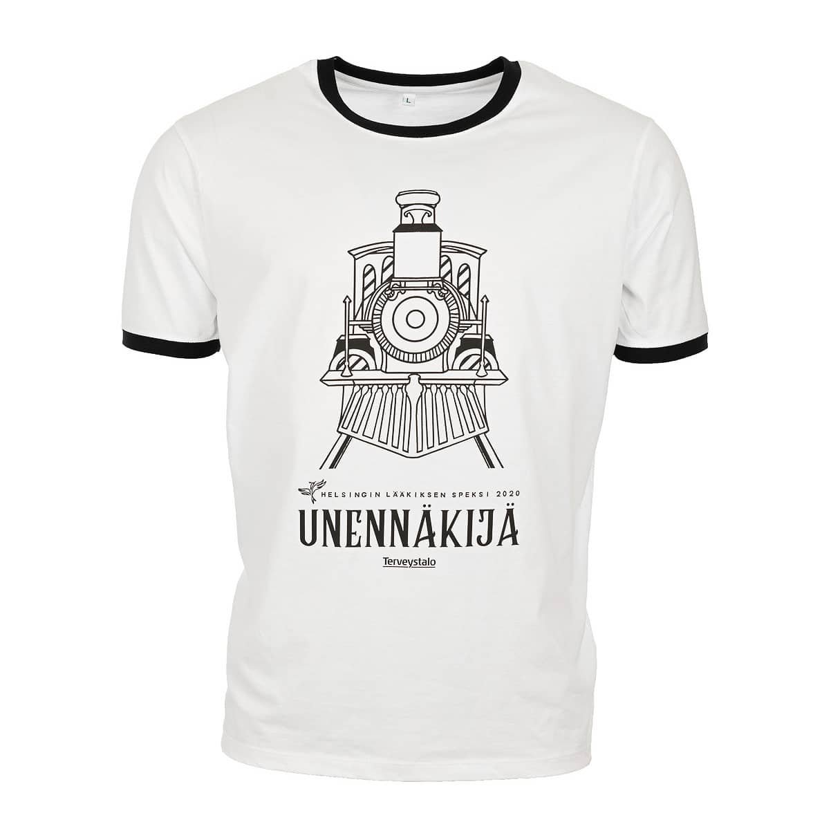 EarthPositive EP100 100% GOTS organic cotton Unisex Black ringer T-Shirt,100% luomupuuvillaa. Fair Wear -eettisin ehdoin valmistettu.
1-v&auml;rinen printti - Helsingin L&auml;&auml;kiksen Speksi, Unenn&auml;kij&auml;.
@laakiksenspeksi
👕💚