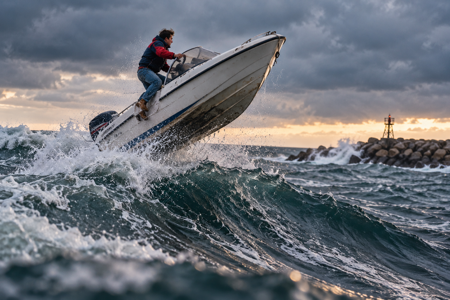 Small speedboat airborne over rough waves near Point Judith, Rhode Island, illustrating a Cranston, RI chiropractor’s story about choices and consequences.