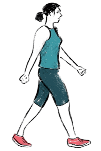 A woman demonstrating a proper walking poster in her chiropractor's office in Cranston, RI.