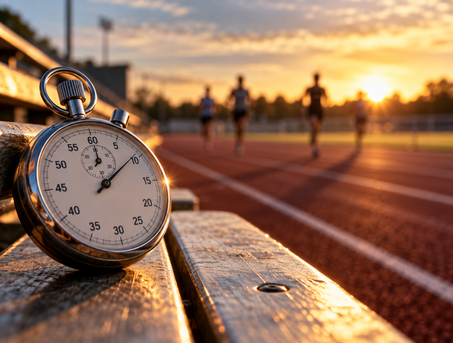 Analog stopwatch beside a running track with athletes in the background, illustrating a chiropractic athletic performance study discussed by a Cranston, RI chiropractor.