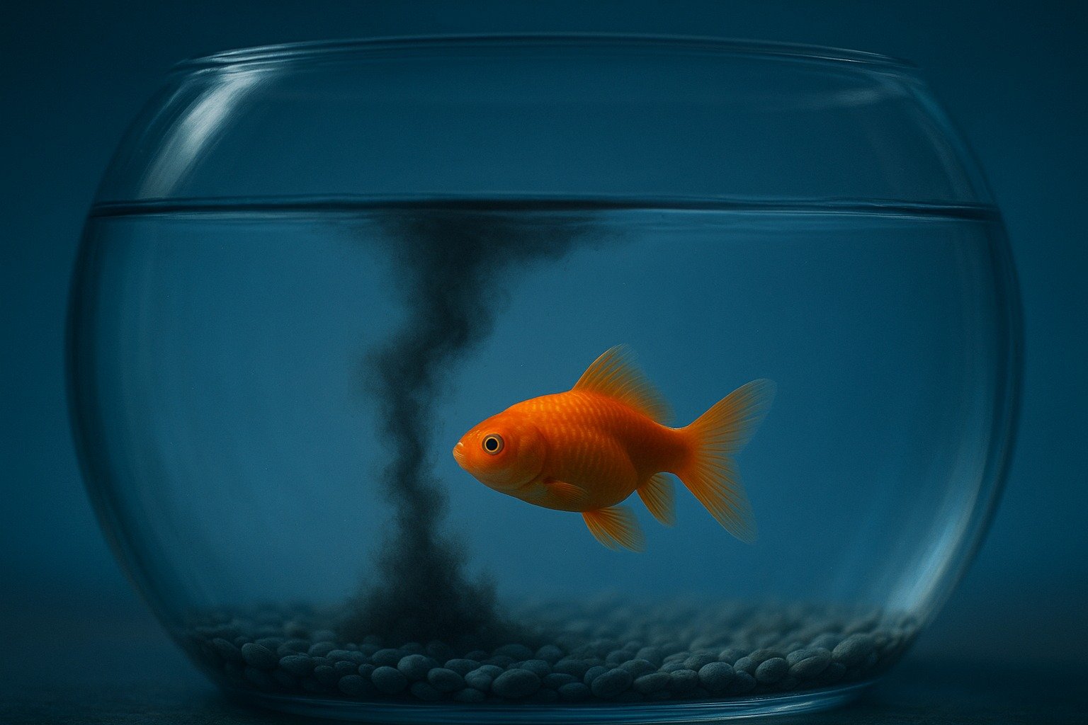 A bright orange goldfish drifts in a clear bowl as a dark plume rises from the gravel beneath it, a quiet reminder—described by a chiropractor in Cranston, RI—of how small environments reveal what the body often hides.